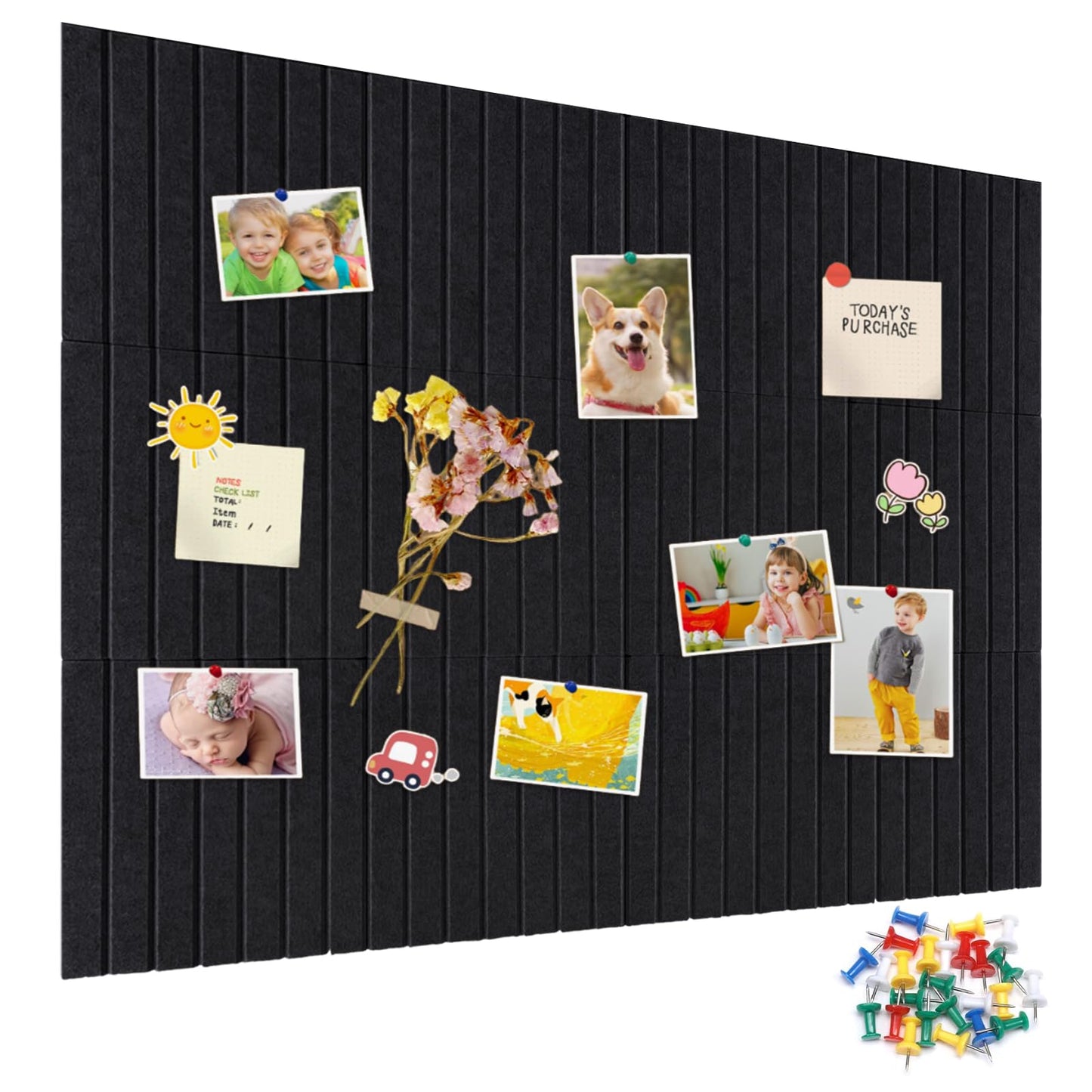 15 Pack Felt Bulletin Board, 35" x 59" Large Black Pinboard with 30 Push Pins, Felt Pin Board, Self-Adhesive Cork Board Tiles for Home, Office Walls, School Classroom Message Photos Display
