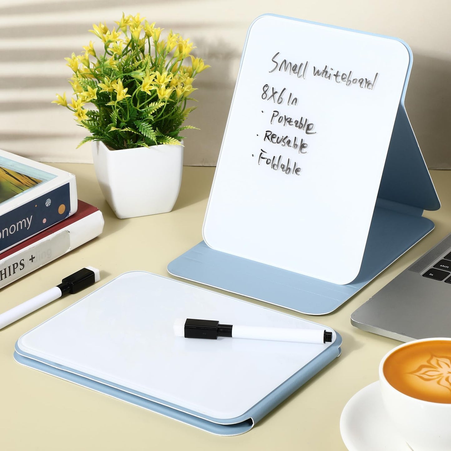 Dunzoom 2 Sets 4 Pcs Small Glass Desktop Whiteboard with Reversable Stand 8x6 Inch Mini Dry Erase White Board Easel with 2 Markers Reusable Desk Notepad for Home Office School Supplies (Blue)