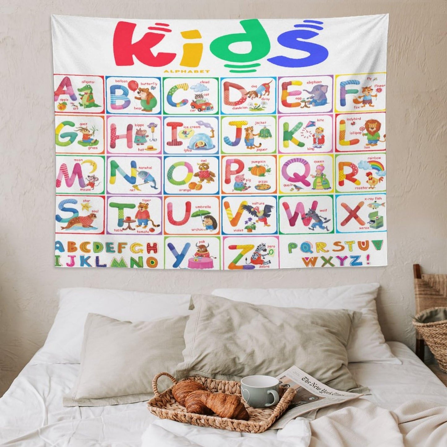 DDCBNS Learning ABC Tapestry,Cartoon Animals Alphabet for Kids Boys Girls,Funny Educational Tapestry Wall Hanging Home Décor for Nursery Study Classroom Bedroom Living Room 80" x 60"
