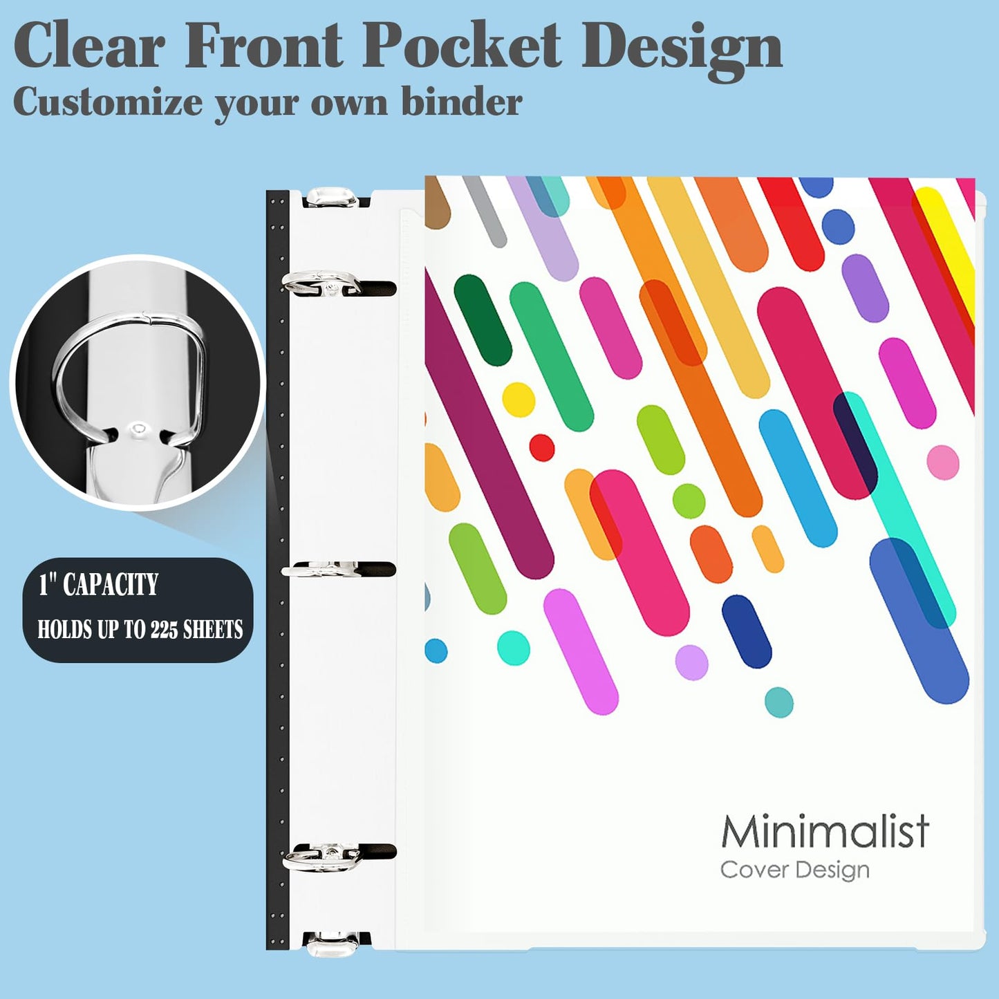 INFUN 1 Inch Telescoping 3 Ring Binder - 6PCS, Flexible Round Binder with Customizable Front Cover and Clear Catalog Pocket, 1Inch Rings, 225 Sheet Capacity-White