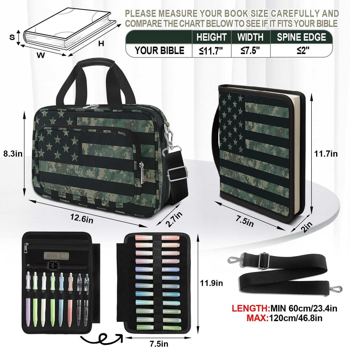 IBOVODI American Flag Caom Bible Cover Case for Men Boys, Large Kids Tactical Bible Carrying Book Case Church Bag, Bible Study Supplies Journaling Kit, Highlighters,Pens Cross Clips, Christian Gifts