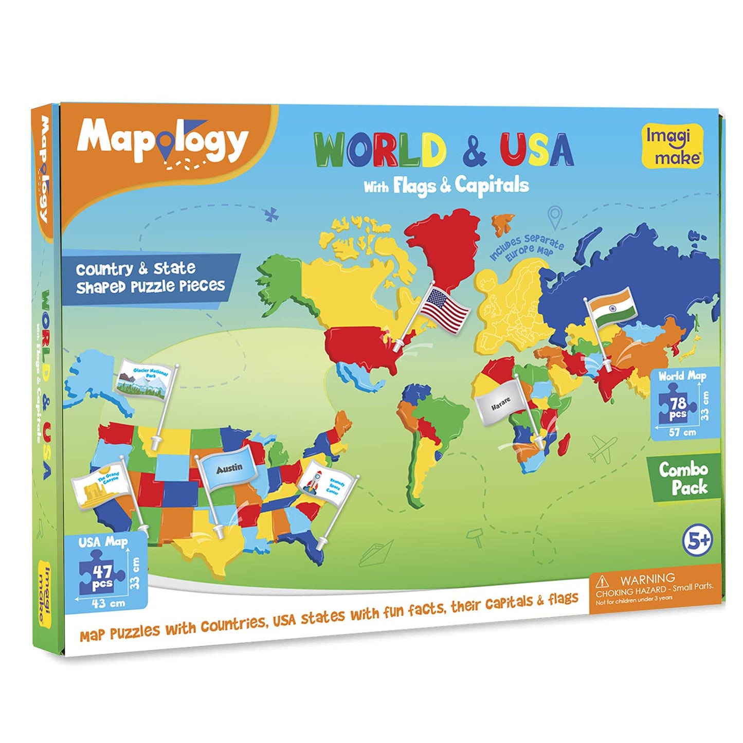 Imagimake Mapology USA & World Map Puzzle with Flags, Capitals, Stickers | Educational Toys for Ages 5-7 | Jigsaw Puzzles for Kids Ages 8-10 | Geography Toys for Age 8-13 | 6 Year Old Boy & Girl Gifts