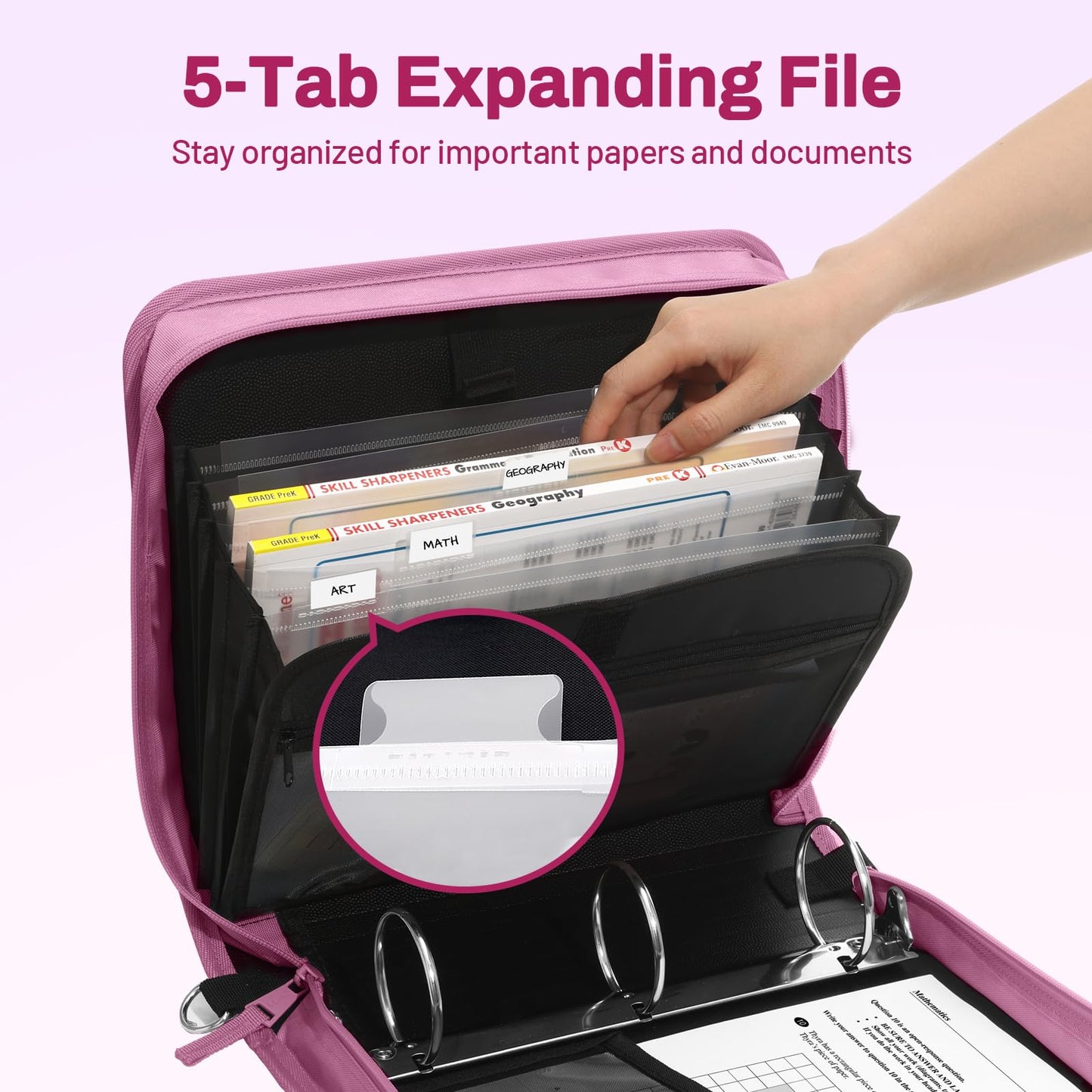 SUNEE Zipper Binder 3 Ring, 3 Inch O-Ring with Handle and Shoulder Strap, 600-Sheet Capacity, 5-Tab Expanding File Folder, Multi-Pockets for Middle School Organizer Binder with Zipper, Grape Purple