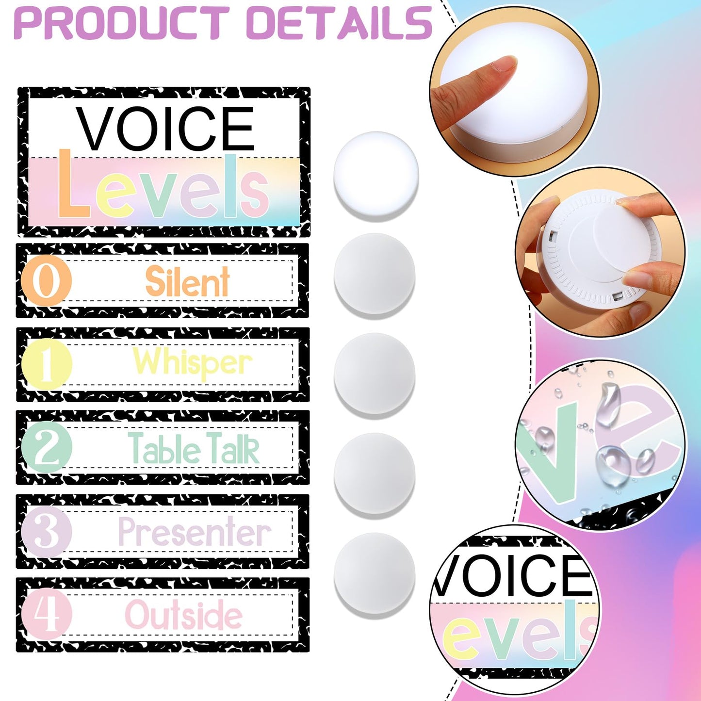 Glooglitter 5 Pcs School Magnetic Voice Level Chart Poster and Push Light Composition Notebook Classroom Decor LED Tap Light Noise Voice Level Sign for Classroom Teachers Back to School Supplies