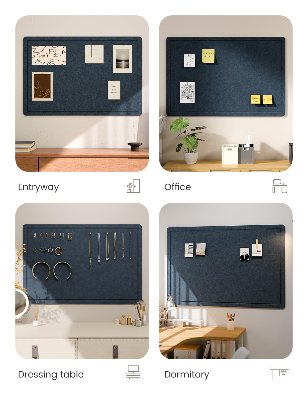 Fluxynara Bulletin Board,35.4" x 23.6" Cork Board Alternative with 12 Safe Removable Adhesive Tabs, Foldable Felt Pin Board for Home Office, Classroom, Bedroom,Entryway for Walls—Carbon Blue