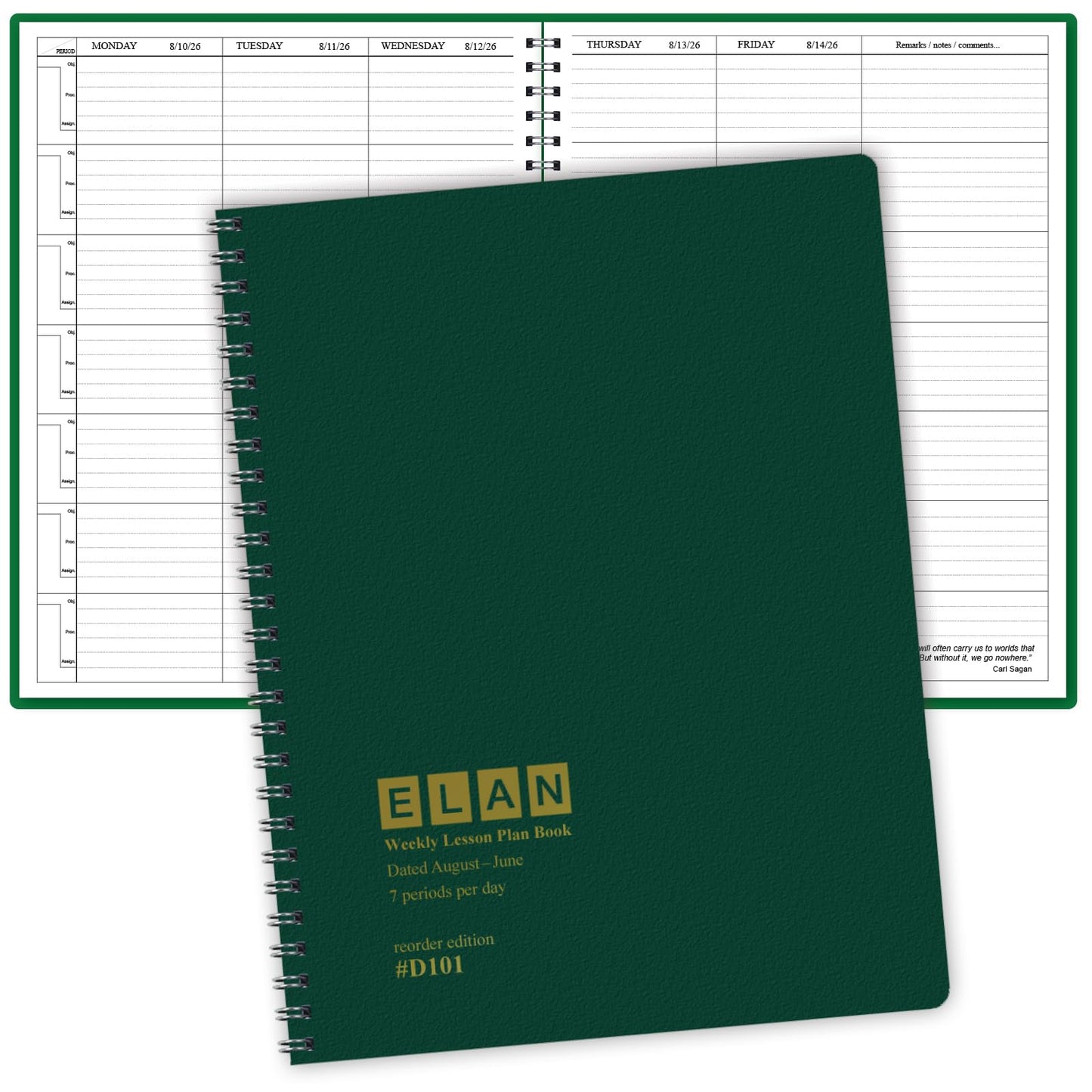 Elan Publishing Company Dated Teacher Lesson Plan 7 Period: Days Horizontally Across The Top Dated for 2026-2027 Academic Year (Green)