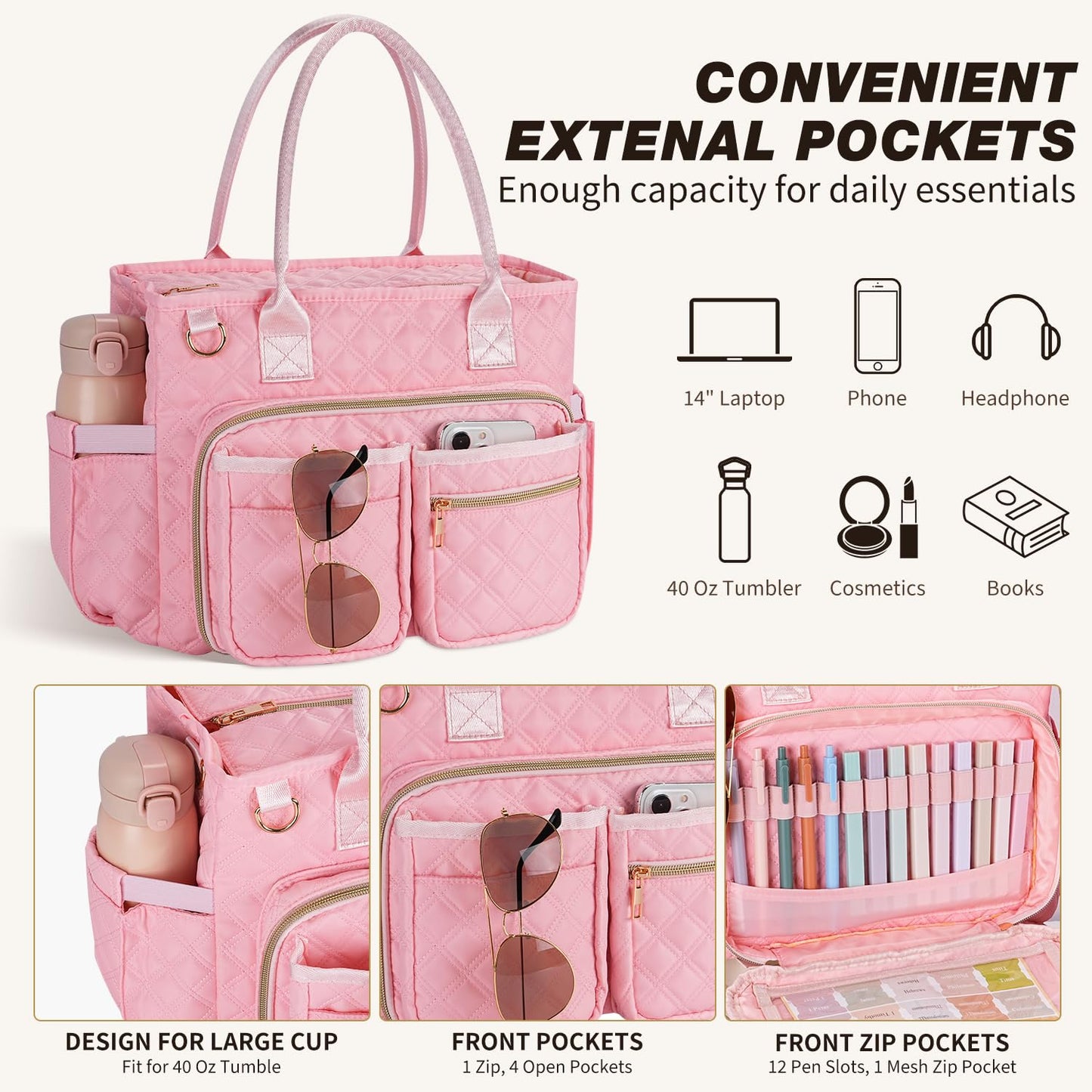 KOPKOFT Large Bible Cover Case for Women, Quilted Church Tote Bag with Shoulder Strap, Bible Study Supplies Journaling Kit Bible Accessories, Christmas Christian Gift for Women (Pink)