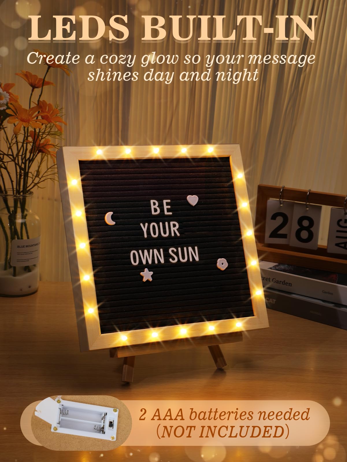 Changeable Felt Letter Board with LED Lights - 10×10" Message Custom Signs & Wood Stand& 450 Letters, Poster Board for Baby/Pregnancy Announcement/Classroom Wall Decor Gifts First Day of School, Black