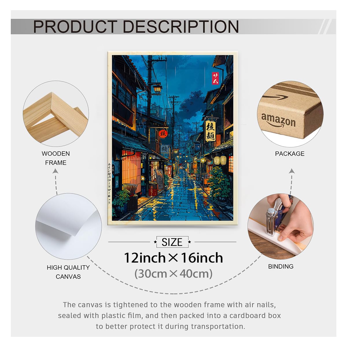 Japanese Tokyo Tea House Framed Canvas Wall Art Japanese City Street Cafe Scene Picture Print Modern Ukiyo-e Decor Poster for Japanese Home Bedroom Decorations Artwork12x16in