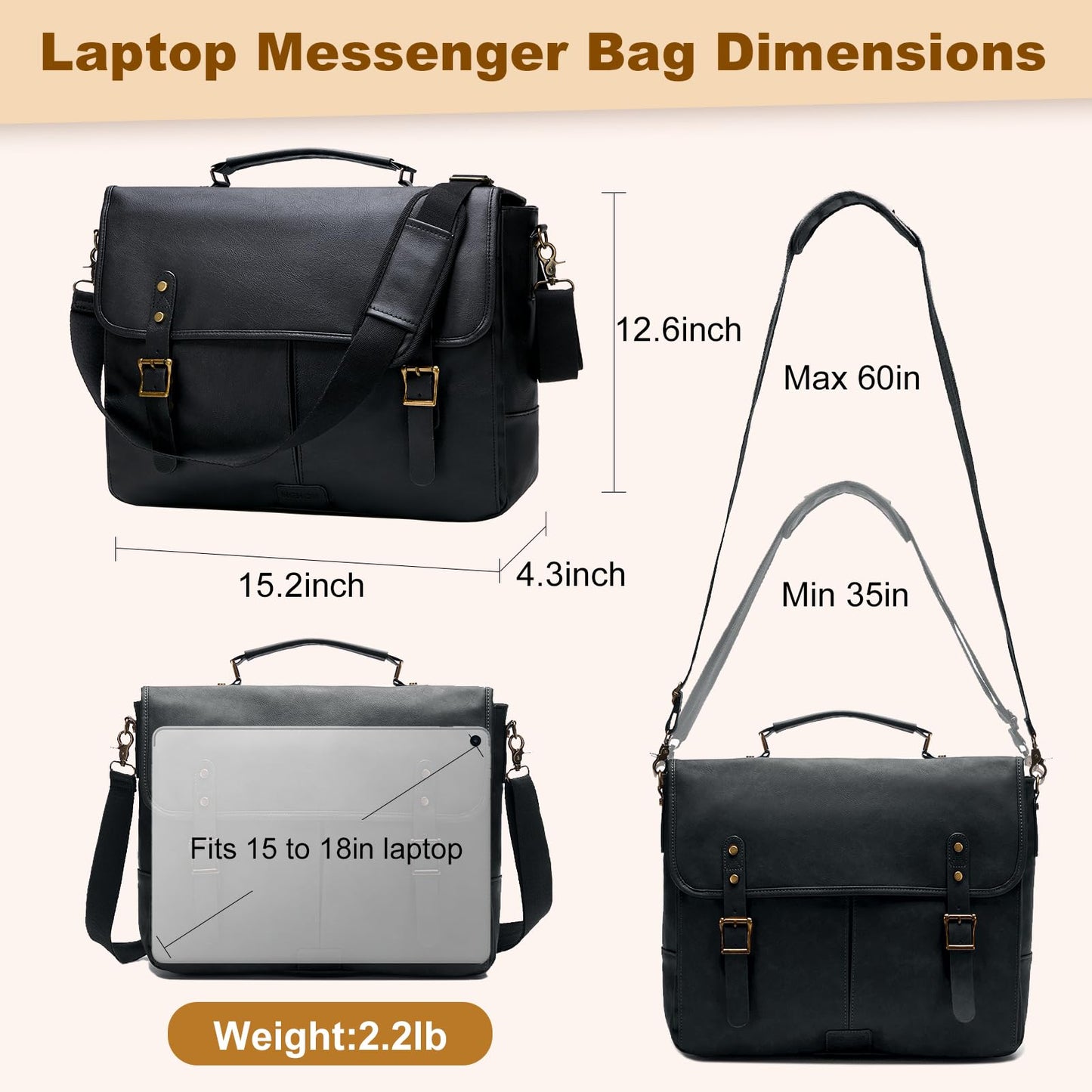 Leather Messenger Bag for Men, 15.6in Laptop Briefcase Vintage Waterproof Laptop Bag Shoulder Bags Satchel Office Bag(Black)