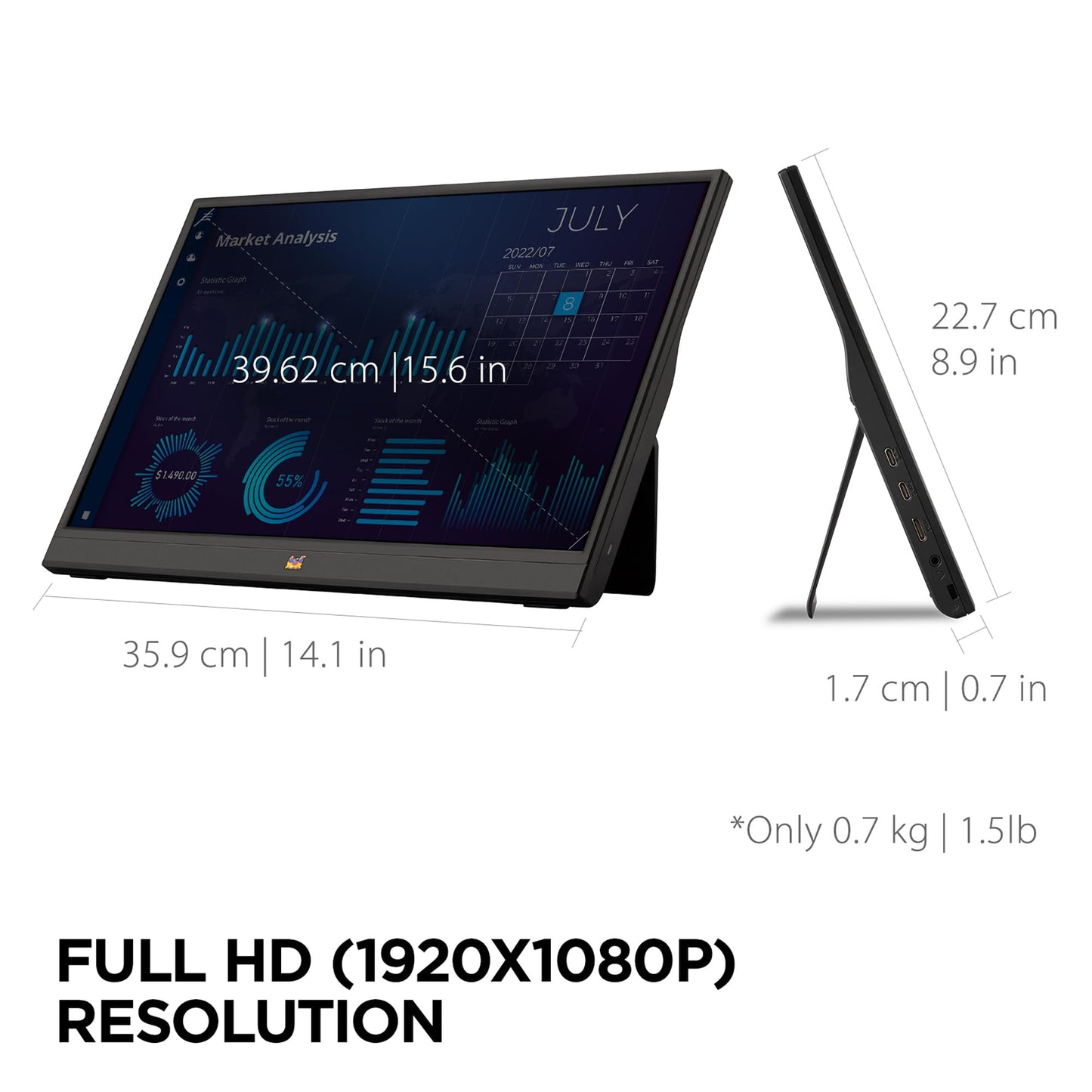 ViewSonic VA1655 15.6 Inch 1080p Portable Monitor, IPS Display with Eye Care for Comfortable Mobile Workspaces, Built-in Stand, 60W USB-C, Mini HDMI, and Protective Case