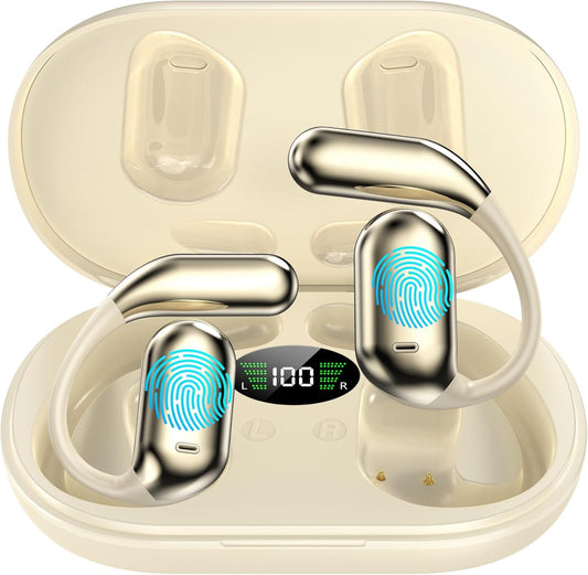 Real-Time AI Translation Earbuds, Open-Ear Audifonos Traductores Inglés Español Two-Way Translator Headphones, Bluetooth Wireless Earhooks for Business, Travel, Learning, Meetings (Light Beige)
