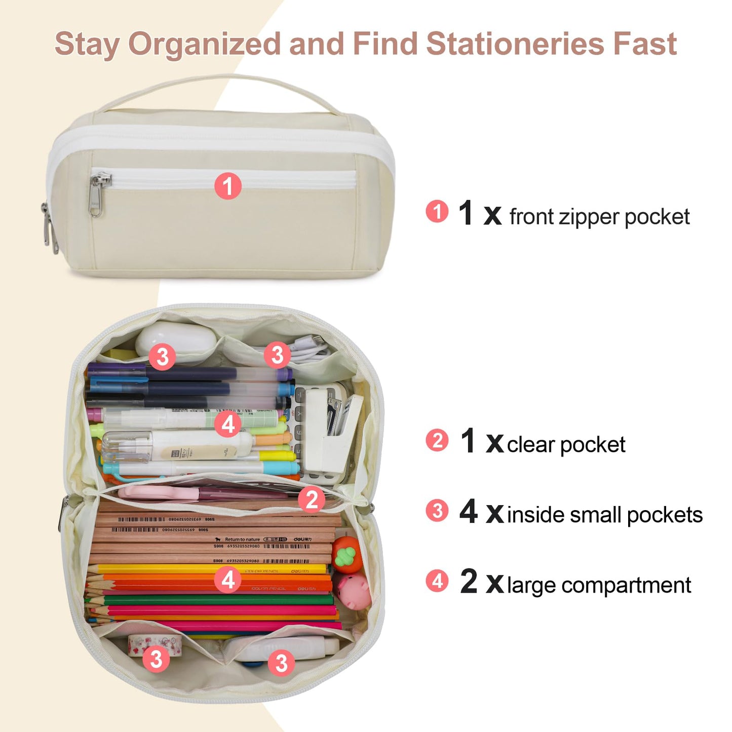BrainyBees Large Pencil Pouch for Teen Girls, 8 Compartments, Cream White