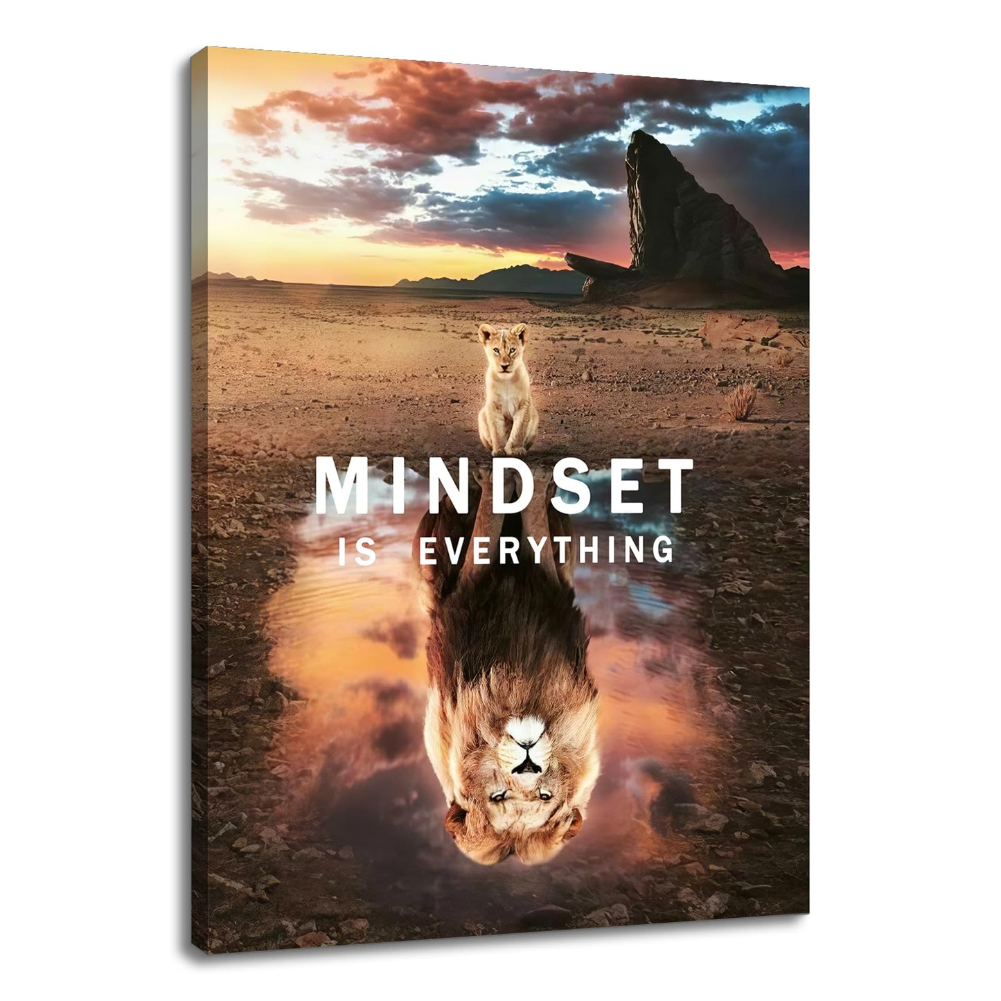 Motivational Wall Art Small Cat Big Lions Mindset is Everything Poster Cute Animal Inspirational Canvas Painting Prints Wall Pictures for Living Room Home Decor Office Framed Artwork [18''W x 24''H]
