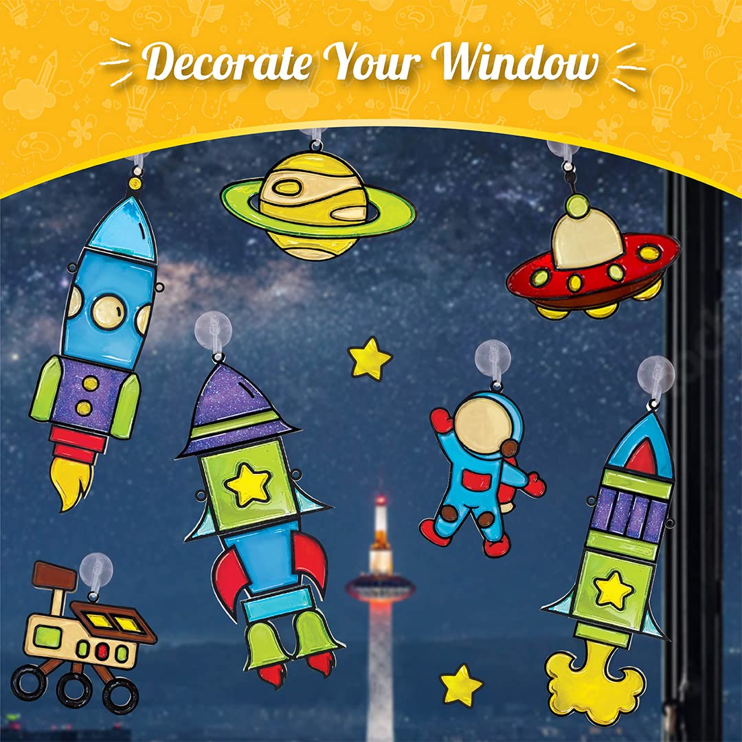 Imagimake Window Art Rocket | Low Mess Suncatcher Kit | 16 Pieces Glass Painting Set | Kids Activities Ages 5-8 | DIY Craft Kit | Birthday Gift for Boys & Girls Ages 5,6,7,8,9,10,12 Years Old