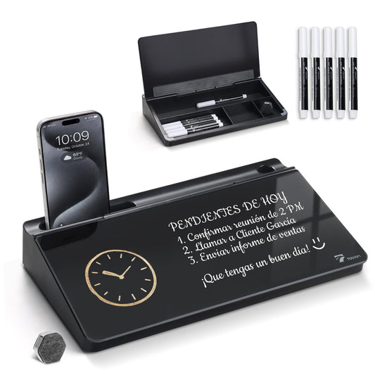 TOWON Small Compact Glass Desktop Whiteboard with Storage – 12 x 7 in Dry Erase Board for Desk, Home Office, School | Includes 5 Markers, Eraser & Holder | Space-Saving Organizer, Aesthetic Black