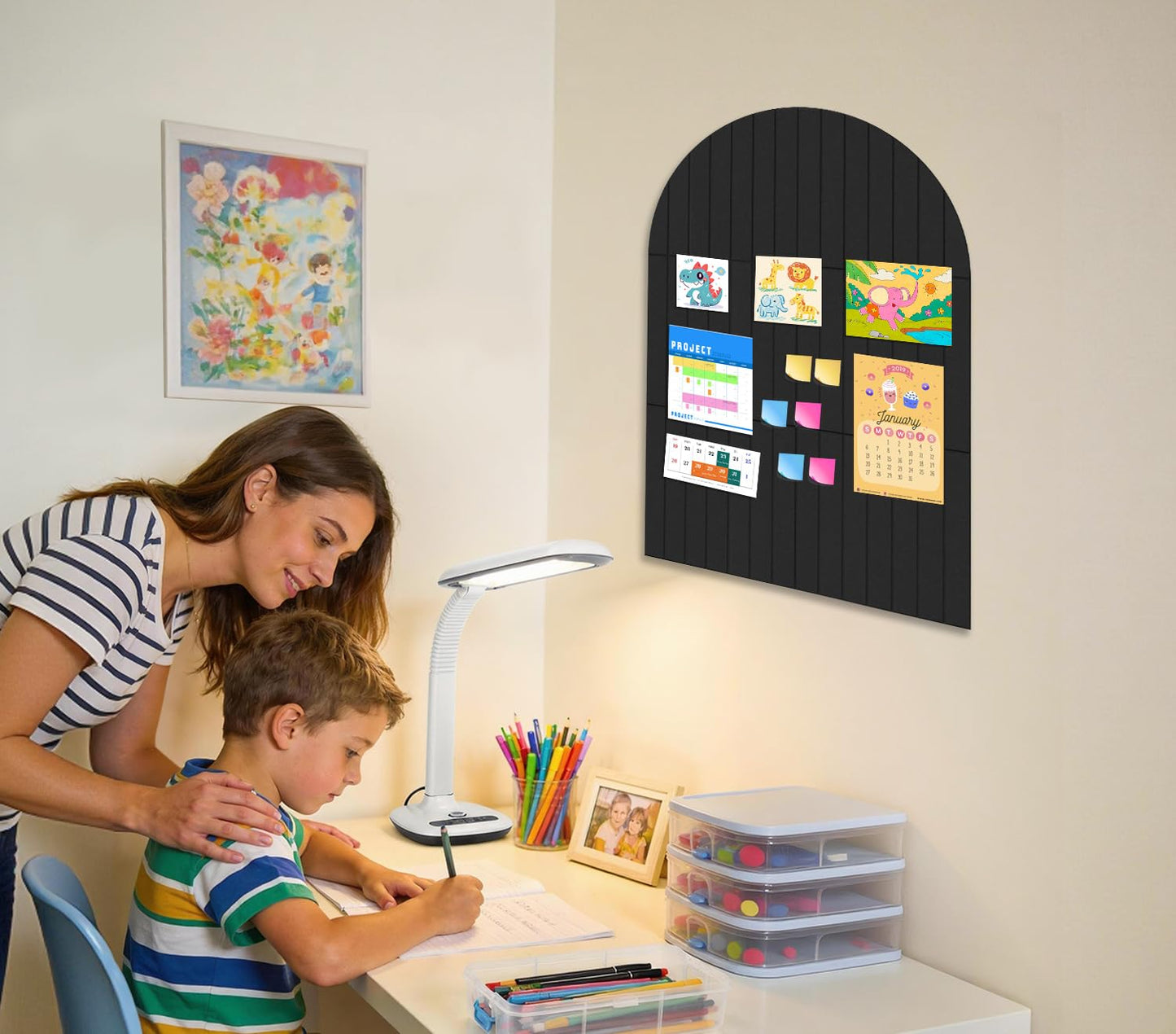 Large Arched Felt Bulletin Board 35" x 24",Cork Board Alternative - 6 Customized Felt Wall Tiles with Push Pins, Cork Boards for Walls Pin Board for Office & Home Panels - Black