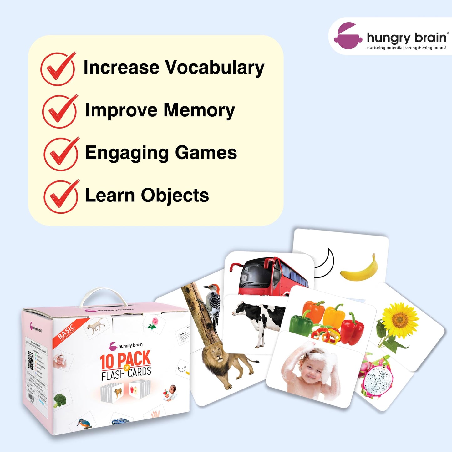Hungry Brain 10-Pack High Contrast Baby Flash Cards for Ages 3 Months-6 Years | Visual Stimulation & Brain Development Cards | Montessori Early Learning Toys for Babies, Toddlers & Preschool Kids