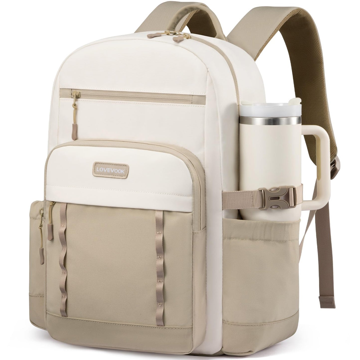 LOVEVOOK Laptop Backpack for Women with Large Cup Holder,15.6 Inch DIY Design Travel Work Backpack Computer Laptop Bag,Waterproof Nurse Teacher College Backpack Purse,Gifts for Women Men,Beige-Khaki