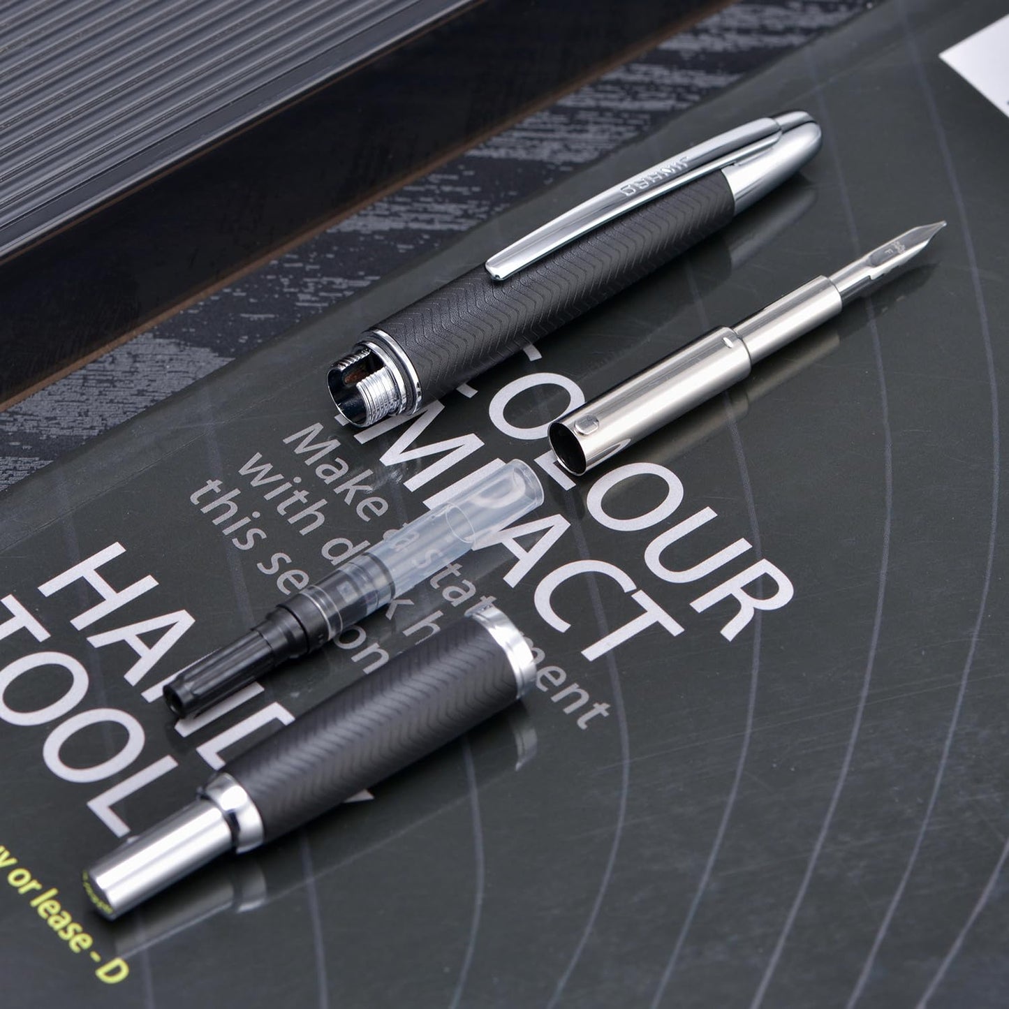Jinhao 10 Press Fountain Pen with Box, Wavy Matt Black Chromium Retractable Extra Fine Nib with Ink Converter Set (Silver Clip)