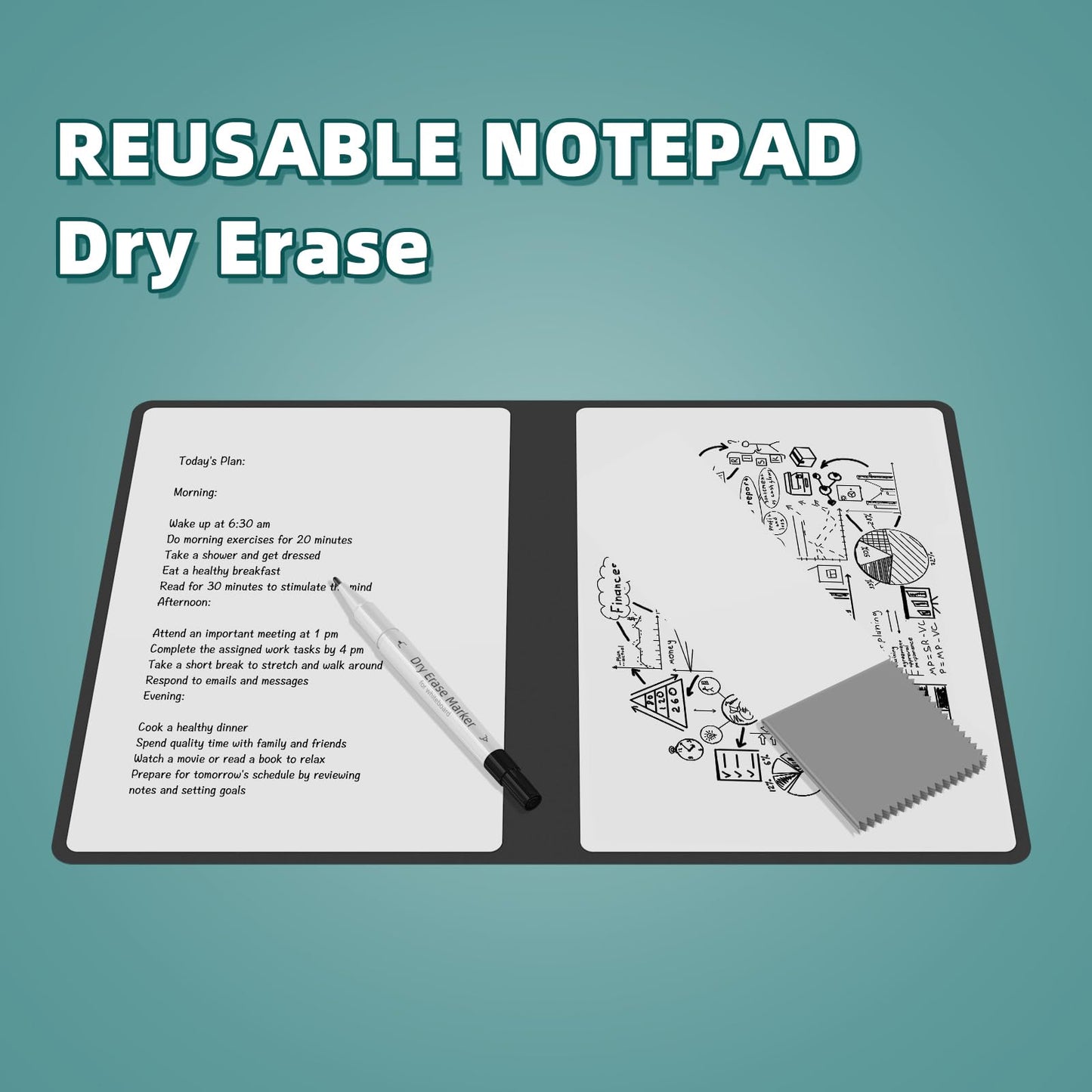 Portable Dry Erase Board,Reusable Whiteboard Notebook, Double-Sided White Board PU Cover 9.5"x6.6" with Marker,Wipe Cloth (Orange)
