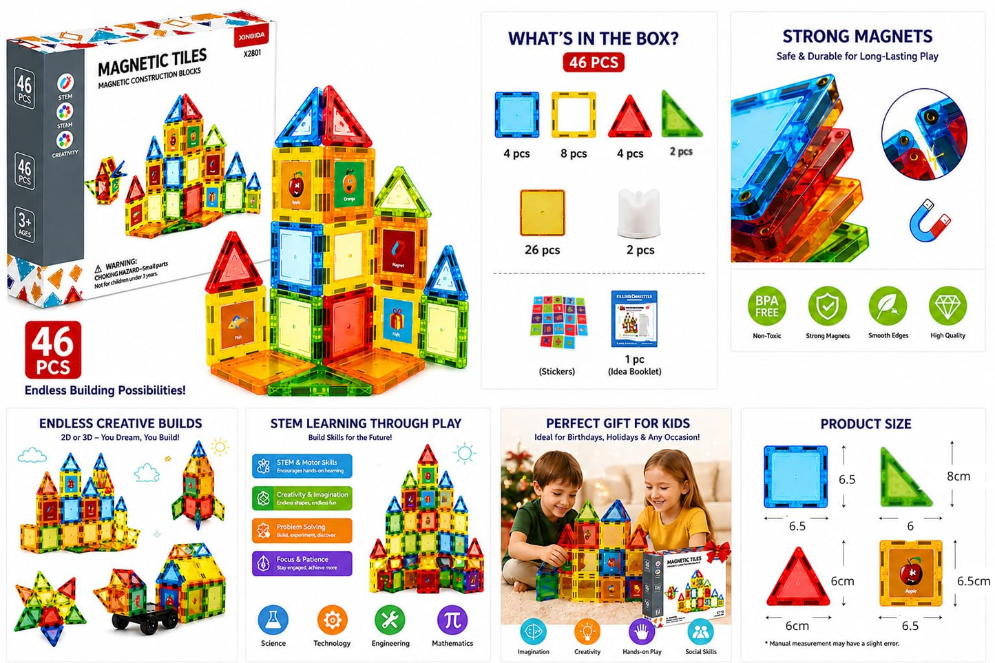 46 PCS Magnetic Tiles Kids stem Building Toy Preschool Learning Blocks Construction Magnet Gift Toddler Aged 3+