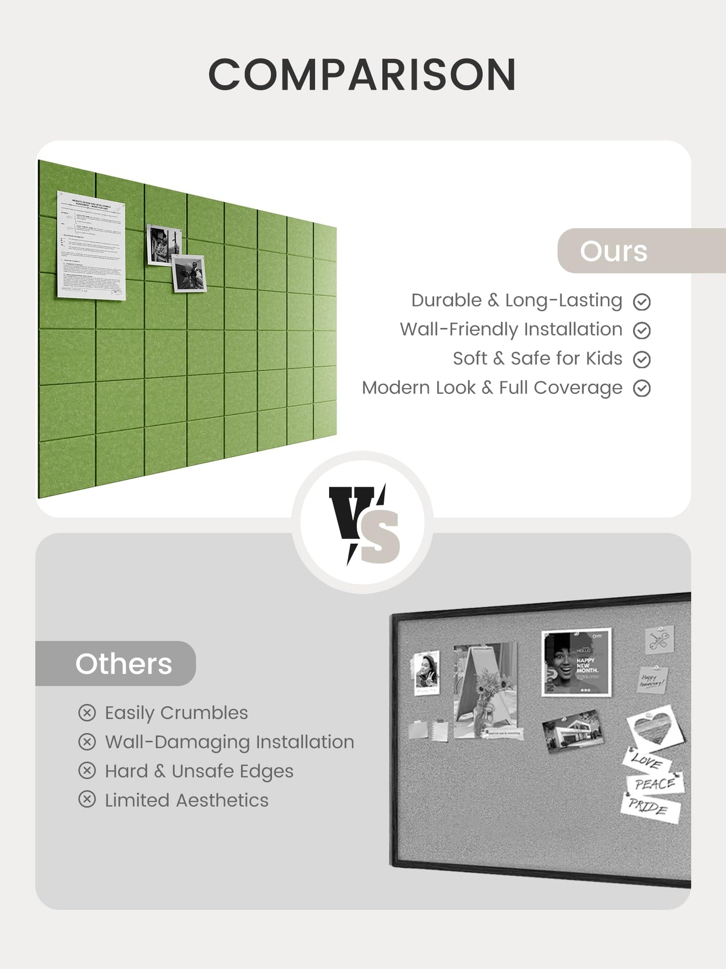 Bumusty Large Felt Bulletin Board, 48" x 36" Cork Board Alternative, 12-Pack Wall Tiles with 4-Compartment Design, 30 Push Pins, 70 Adhesive Tabs, Ideal for Office & Home Decor, Kelly Green