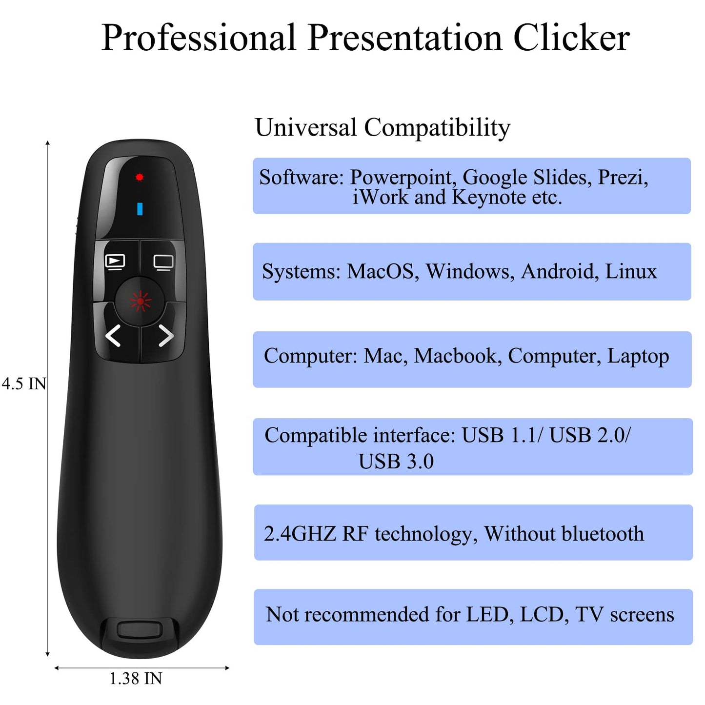 Wireless Presentation Clicker for Google Slides: 100ft Range | Ultra-Bright 656ft Red Pointer | Battery Powered - Plug & Play USB Presenter Remote with Volume & Black Screen for Mac Win PPT Keynote