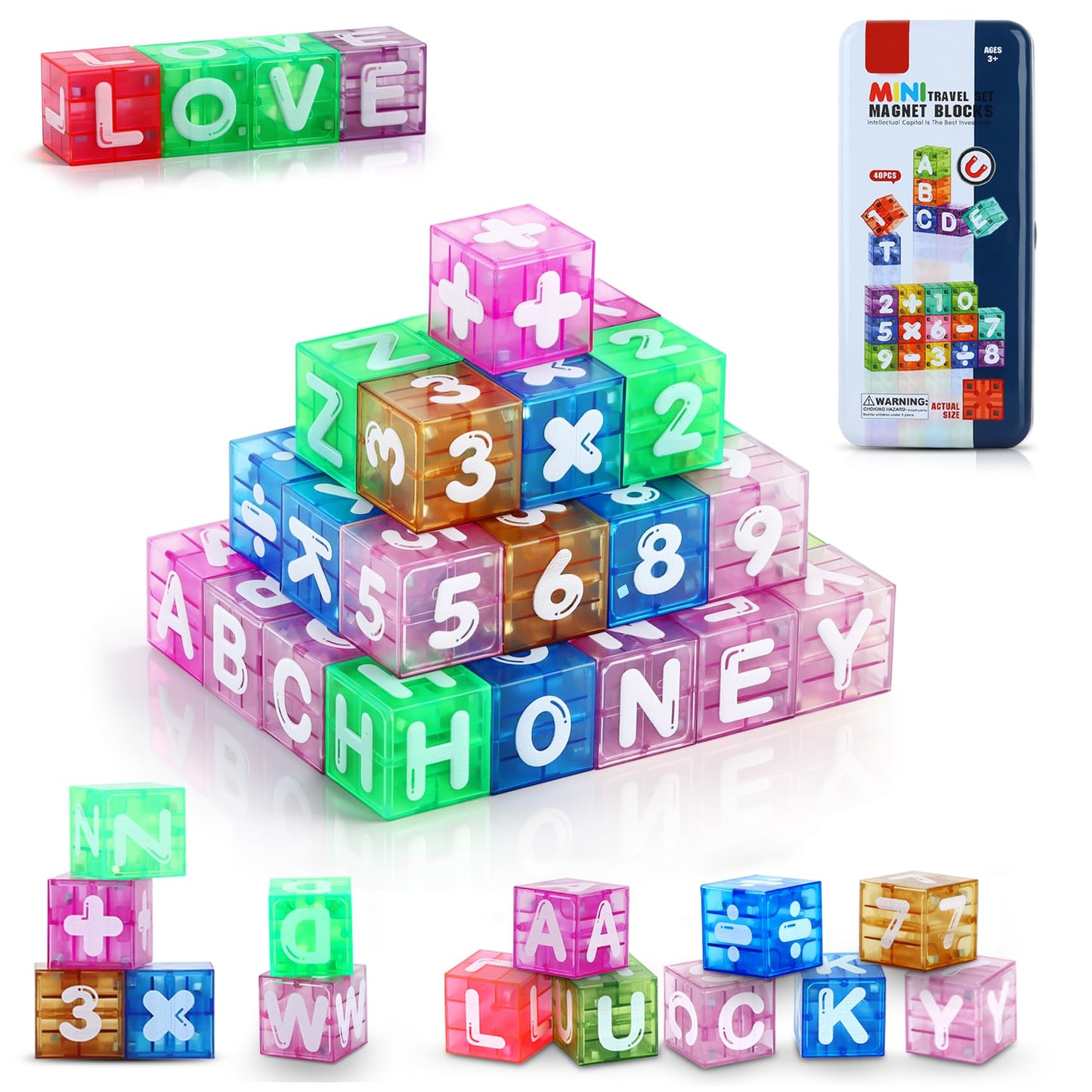 TRILVIX 40 PCS Magnetic Alphabet Blocks, STEM Educational Learning Toys for Kids Ages 3+, Letter Number Building Set with Travel Storage Case, Montessori Toy Gift