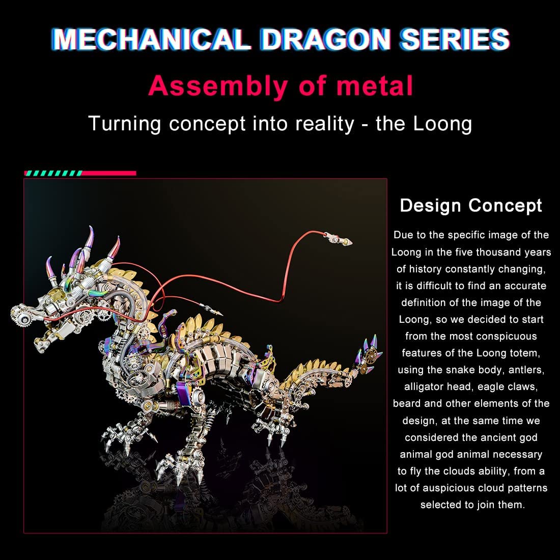 3D Metal Puzzle - Large Chinese Dragon Model Kit - Mechanical Metal Jigsaw- DIY Desk Ornament - Assembly Dinosaur Crafts Brain Teaser - Perfect for Adults