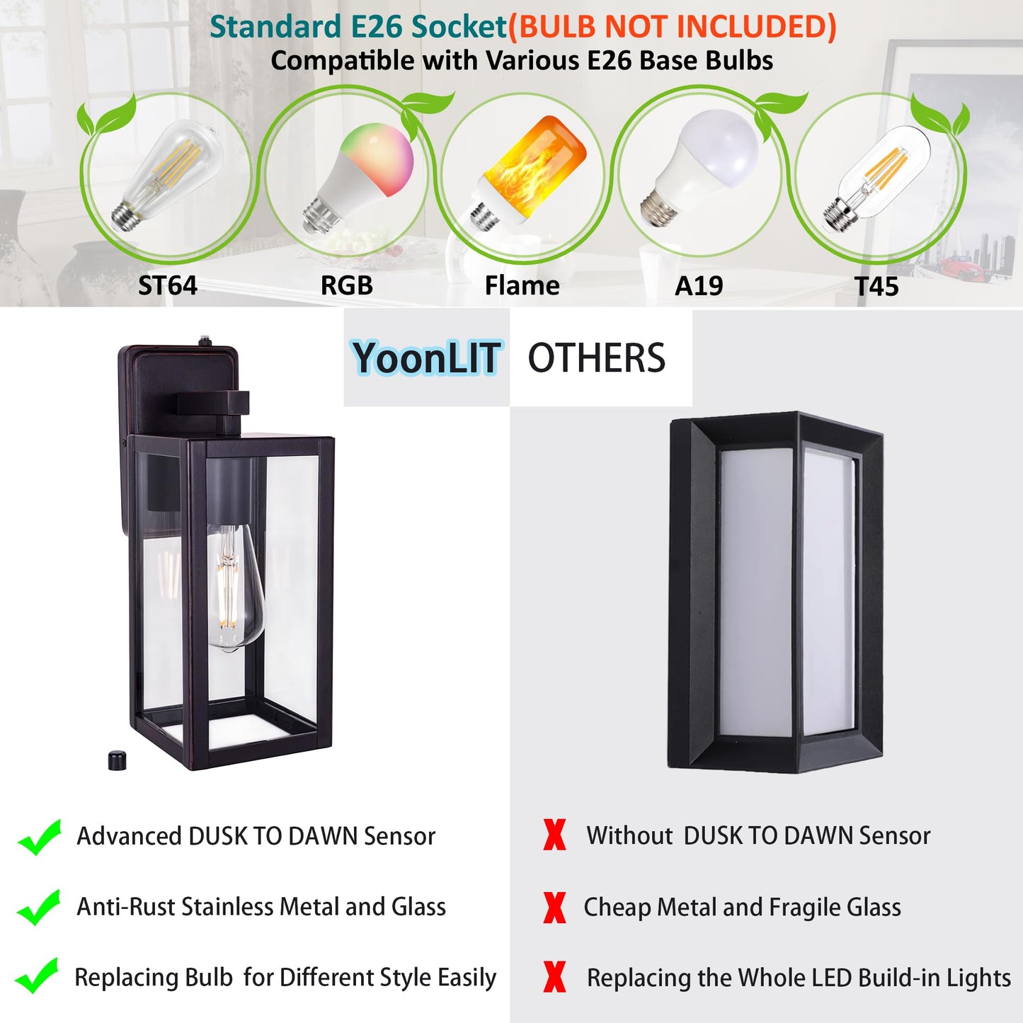 YoonLIT Dusk to Dawn Outdoor Wall Lantern, Waterproof Oil Rubbed Bronze, 1-Pack, Stainless Metal, Model YN-WL008P-ORB-1PK
