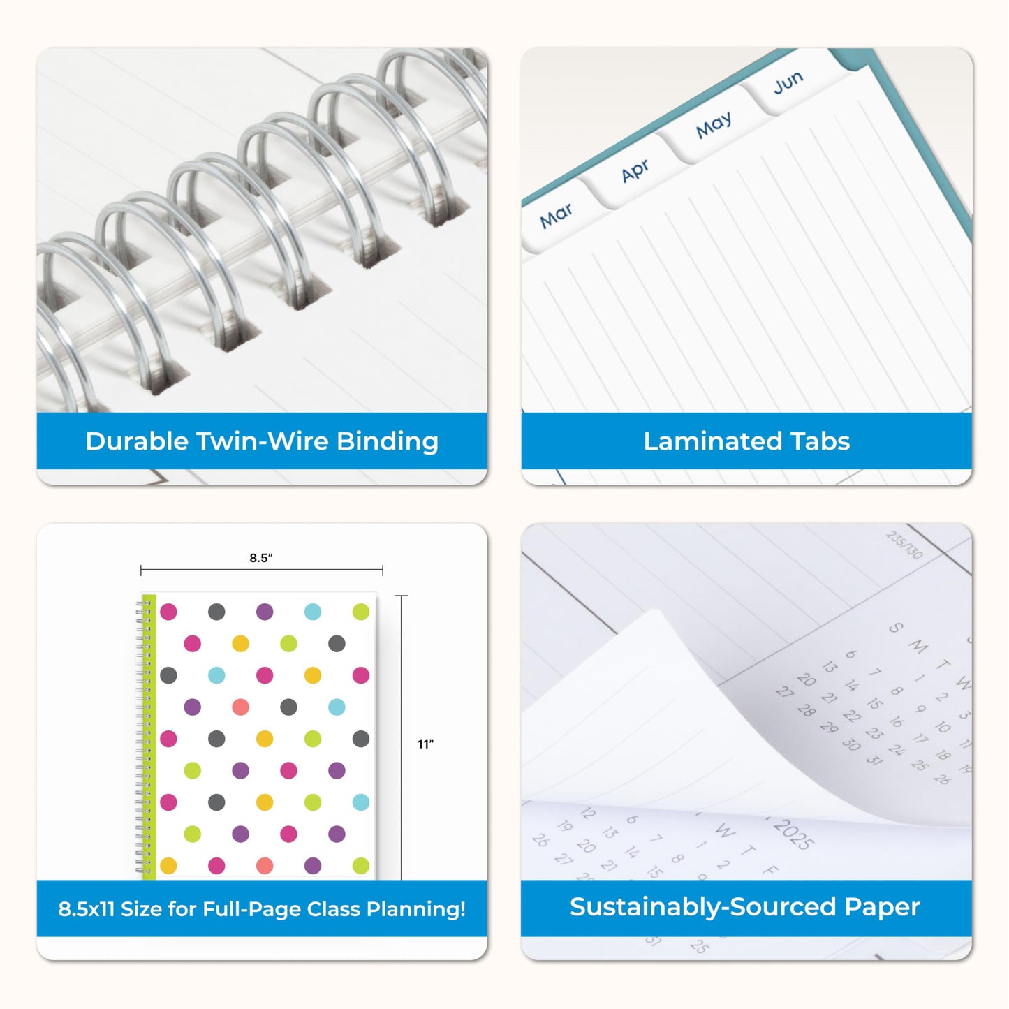 Blue Sky 2025-2026 Weekly and Monthly Academic Year Teacher Lesson Planner Calendar, July 2025 - June 2026, 8.5" x 11", Flexible Cover, Wirebound, Laminated Tabs, Storage Pocket, Dots