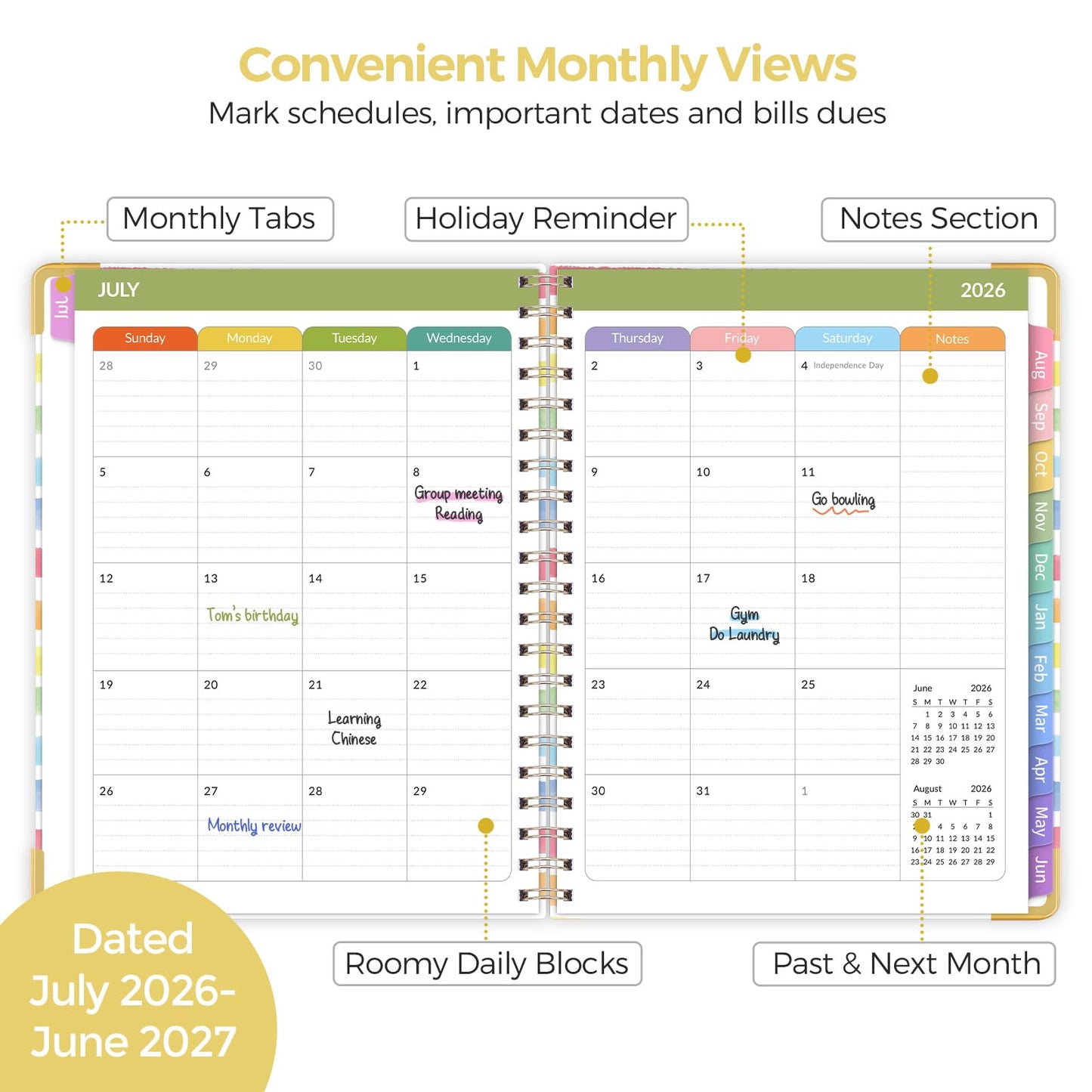 SKYDUE Teacher Planner 2026-2027 Academic Year, 8.5" x 11" Deluxe Teacher Lesson Planner with Monthly Tabs & Stickers, Lesson Plan Book 26-27, Rainbow