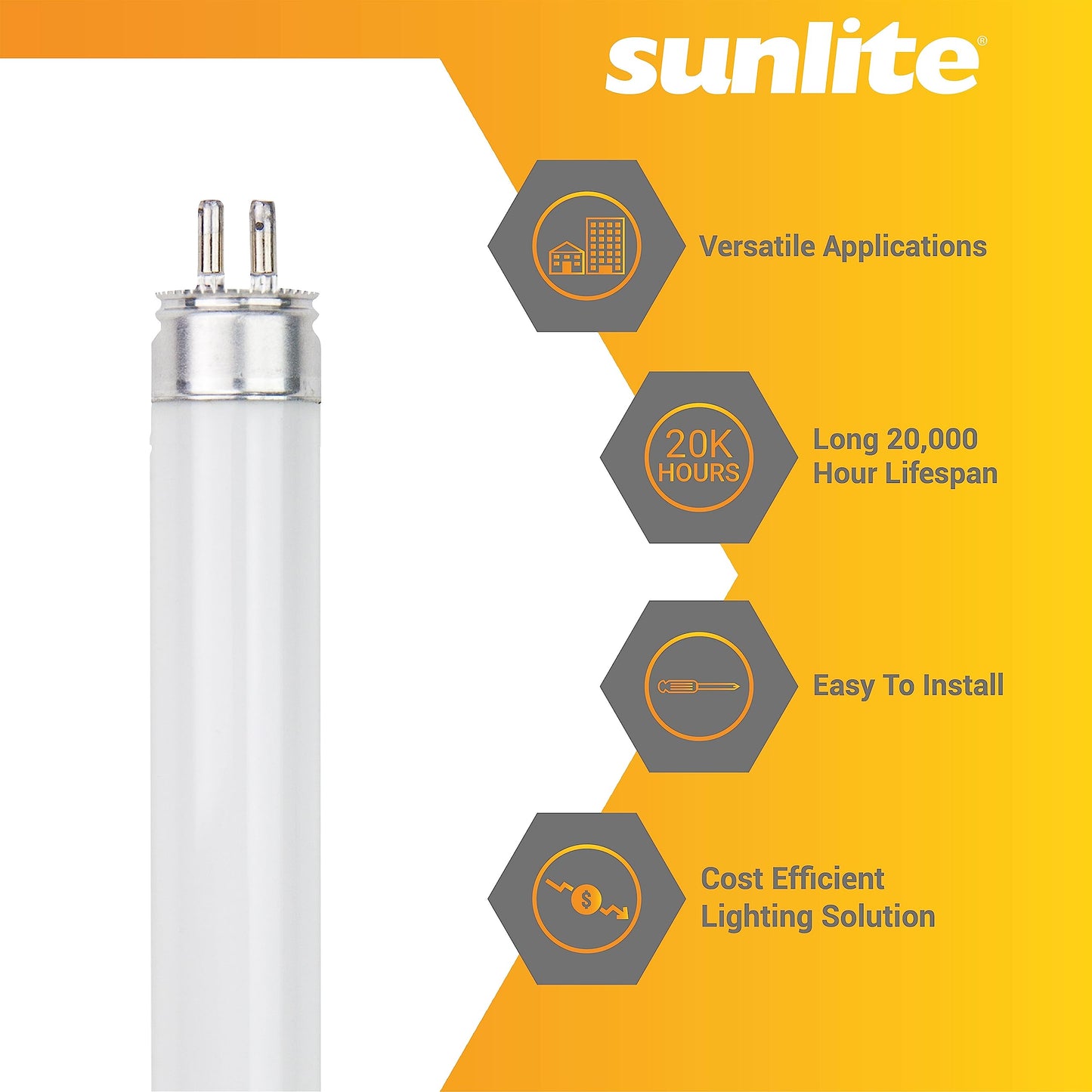 Sunlite F24T5/835/HO T5 Linear Fluorescent Lamp 24W 1800 Lumens 3500K Neutral White Miniature G5 Bi-Pin Base 40