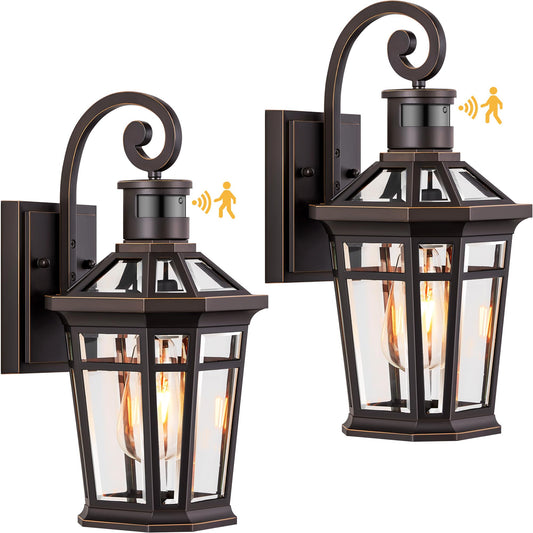 OPAXIS Motion Sensor Outdoor Porch Lights, 2-Pack, Oil Rubbed Bronze, Aluminum, Model P8106, Dusk to Dawn, Anti-Rust Sconce for Patio