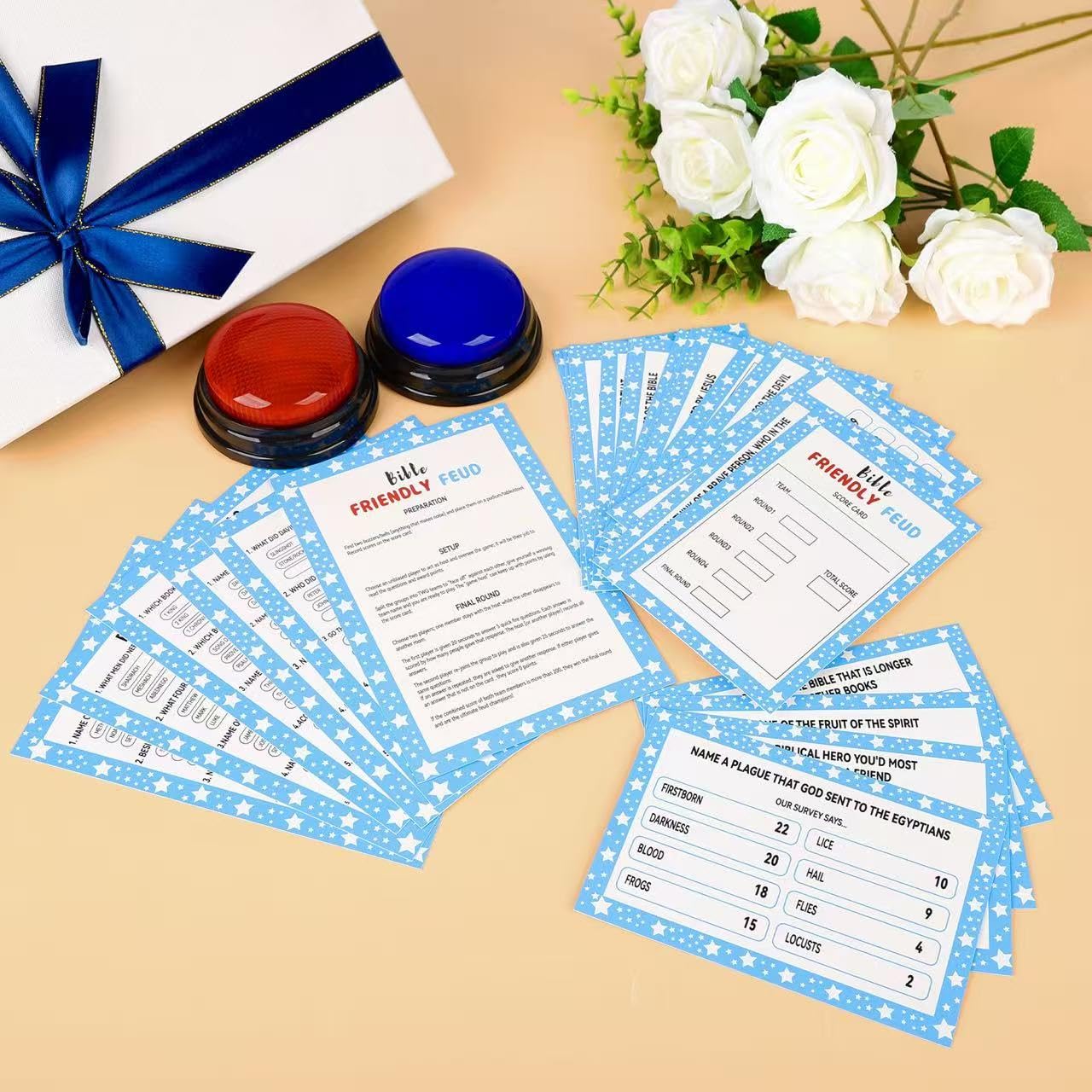 Christian Bible Friendly Feud Game with 2 Answer Buzzers, Family Feud Games Card Game Night Church Group Fun Trivia Quiz for Party Office Class Team Building