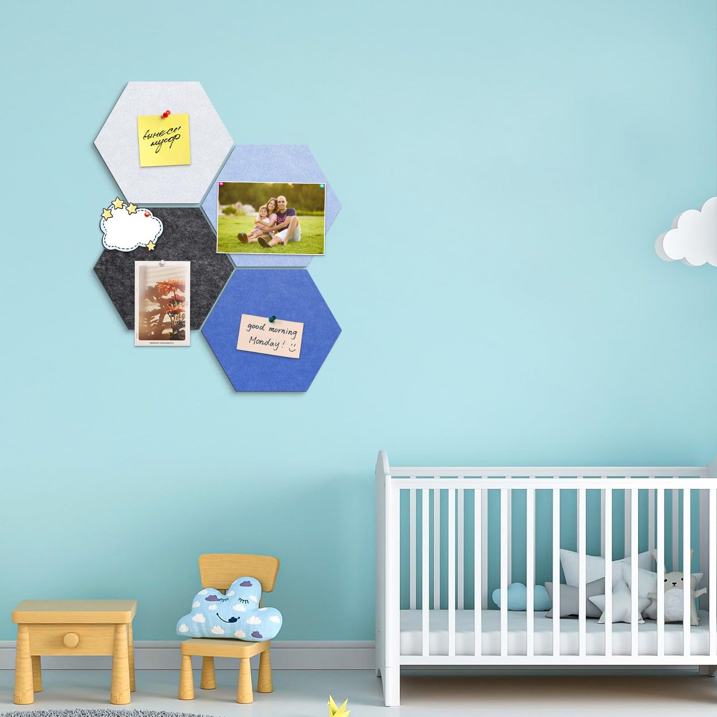 Uoisaiko 4 Pack Hexagon Felt Bulletin Board Tiles - 12" Large Thick Pin Board for Walls with 30 Push Pins, DIY Boards for Office Home School Decor, Aesthetic Hex Cork Board Alternative