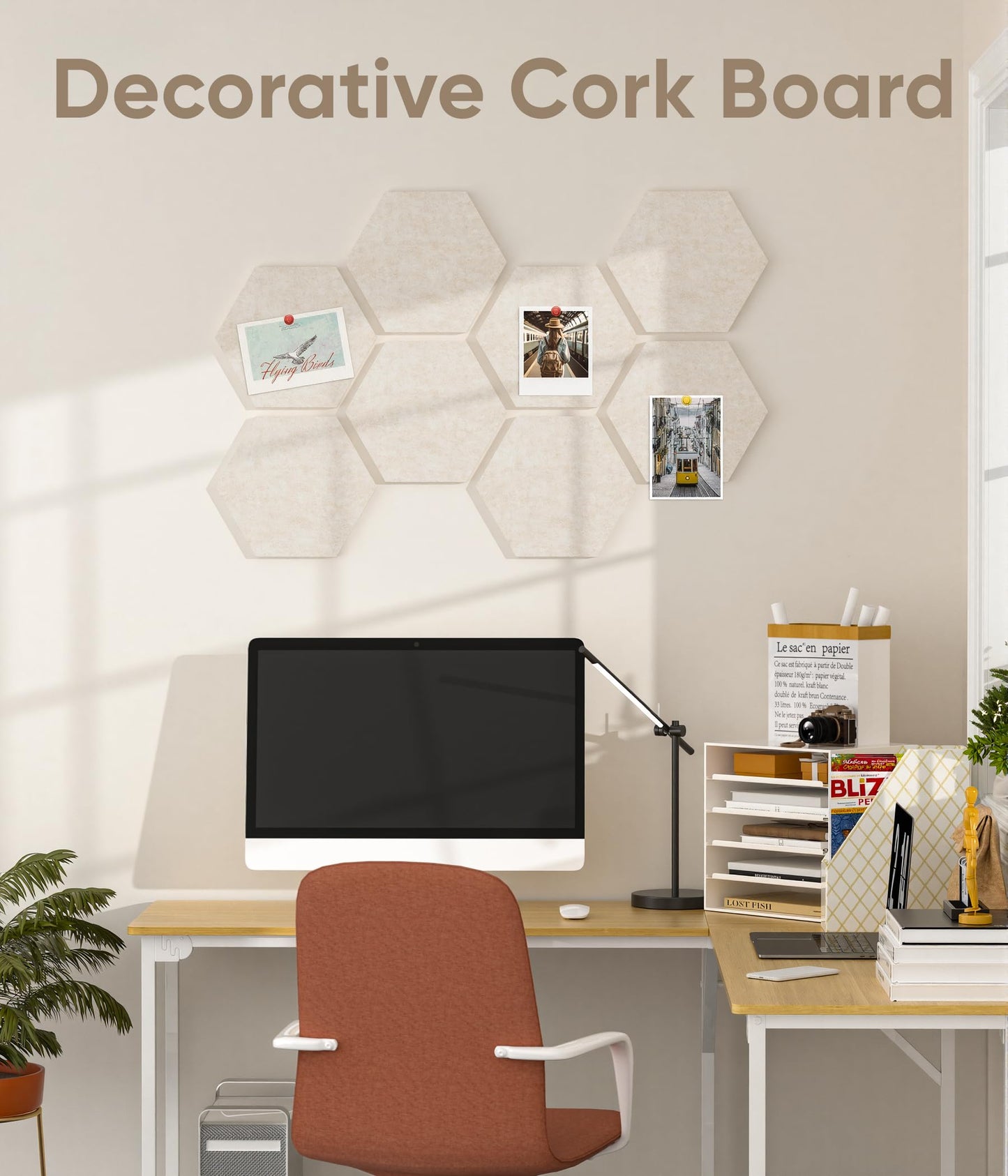 Toptople 12 Inch Large Hexagon Cork Board for Walls, 8 Pack Felt Bulletin Board Tiles, Pin Board with Push Pins for Office Photo and Note, Oatmeal