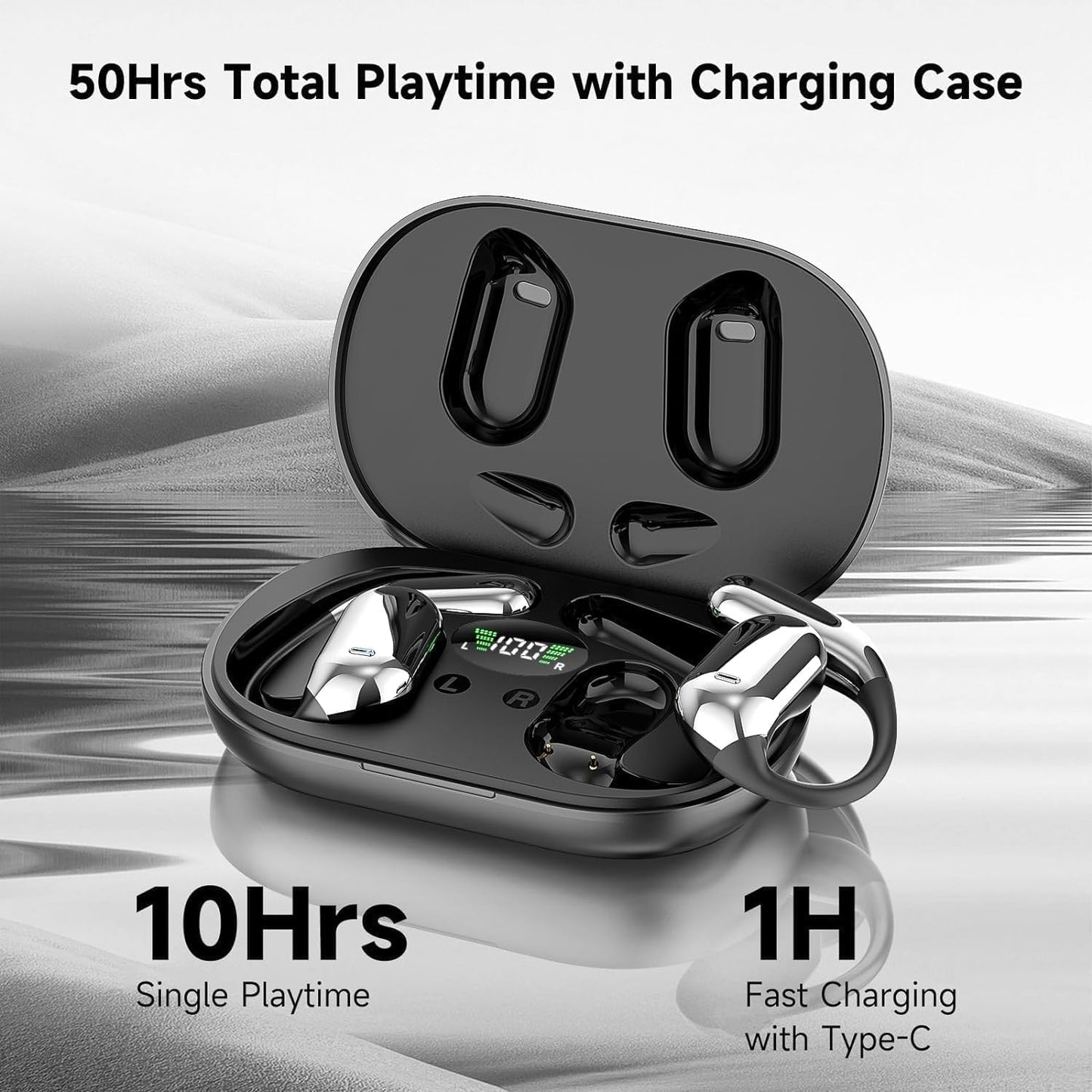 Open Ear Clip Wireless Earbuds Bone Conduction Headphones, Bluetooth 5.4，Built-in Mic, IPX7 Waterproof, LED Display Charging Case,Ear Hooks Ear Buds, Design for Running/Fitness/Office/Sport
