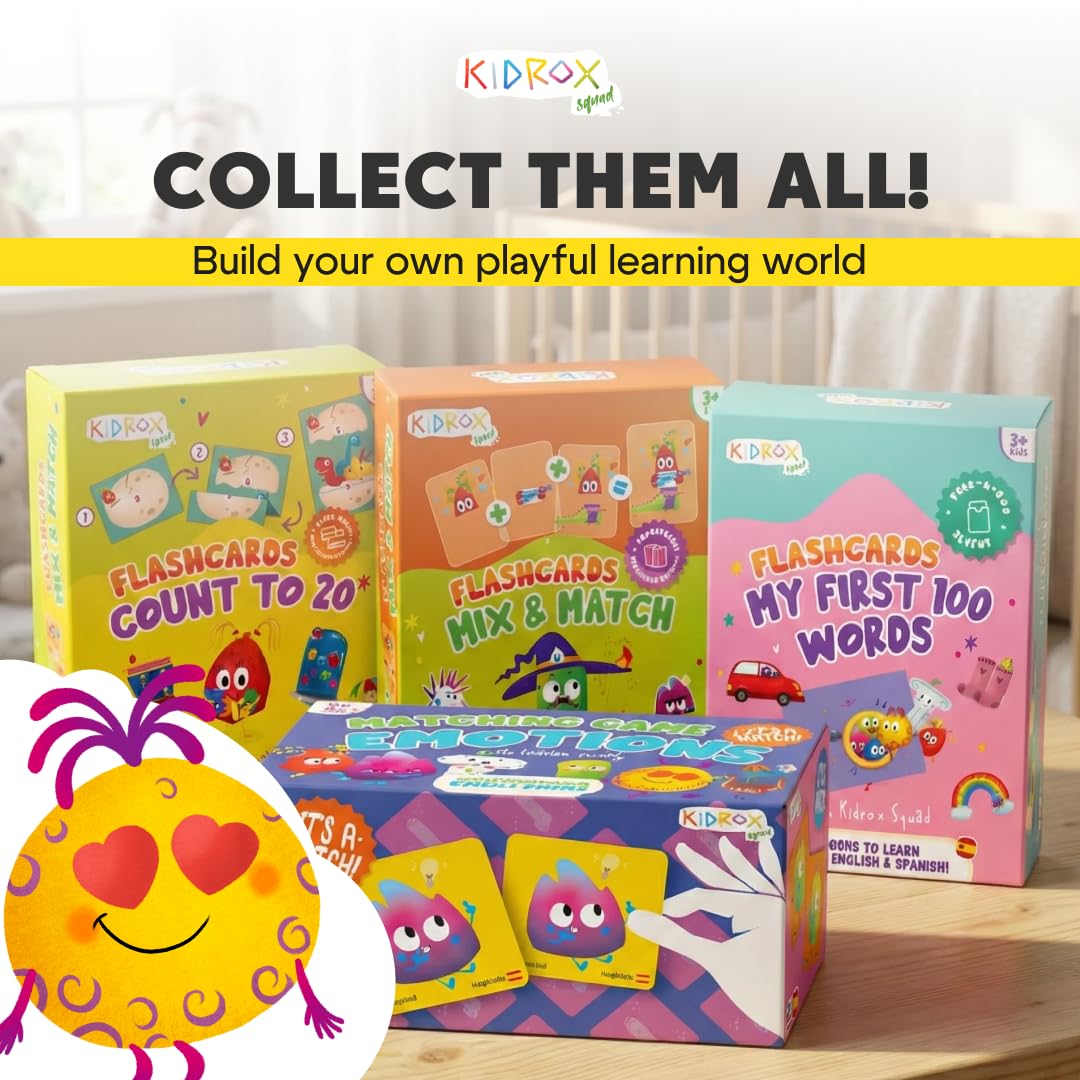 Kidrox Emotions Matching Game – Bilingual Memory Card Game in English & Spanish for Kids Ages 3+ | Learn & Mimic Emotions with Kidrox Squad | Premium Magnetic Box | 40 Tiles