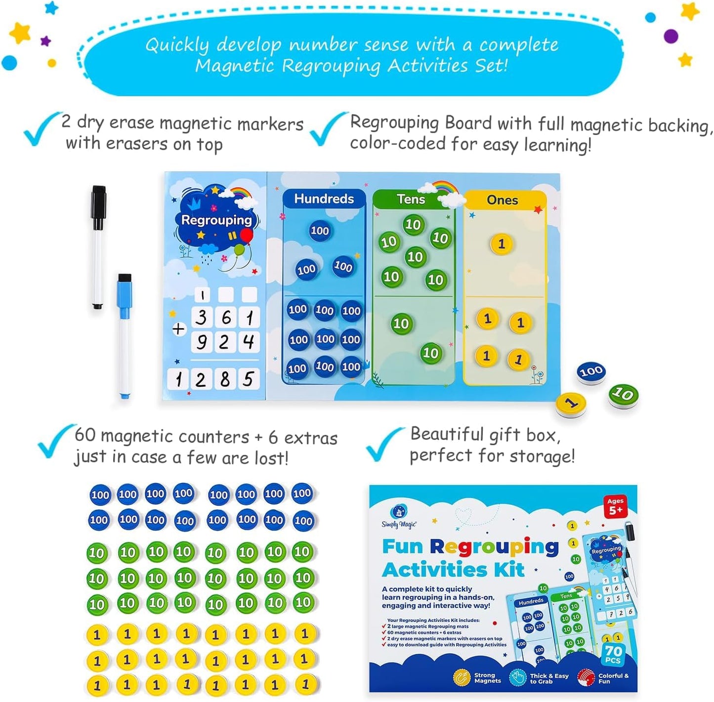 Simply magic 141 PCS Base Ten Blocks & 70 PCS Magnetic Regrouping Activities Kit for Math