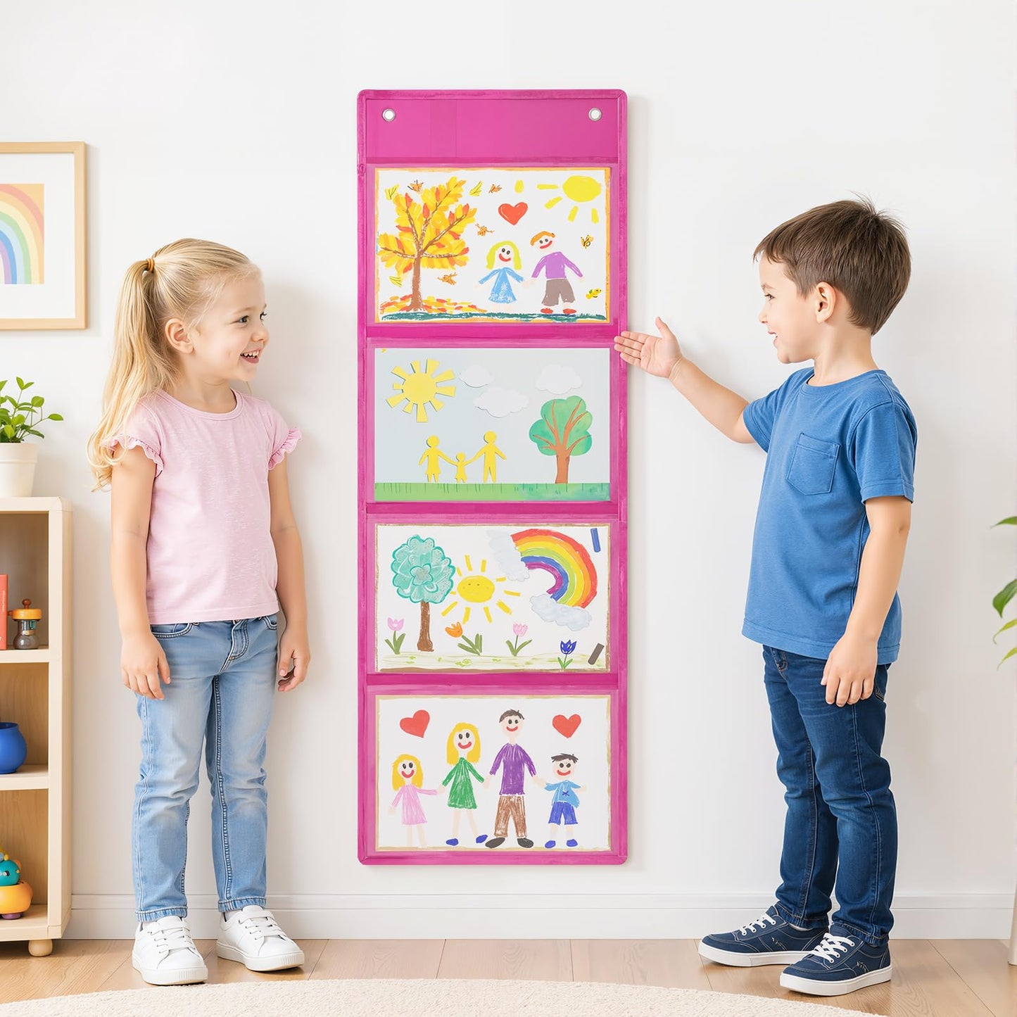 Watersay 2 Pcs Storage Pocket Chart for Classroom 37.4 x 13 in, 4 Pockets Hanging Wall File Organizer for Cards, Drawing, Pictures, Class Demonstrations, Homework, Teacher Office Organization (Pink)
