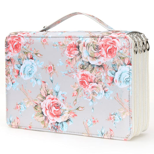 Vomgomfom 200 Slots Pencil Bag, 4-Layer Zipper Portable Art Supply Organizer, PU Leather Large Capacity Colored Pencil Case with Handle for 200 Watercolor Pens, Gel Pens (Gray Rose)