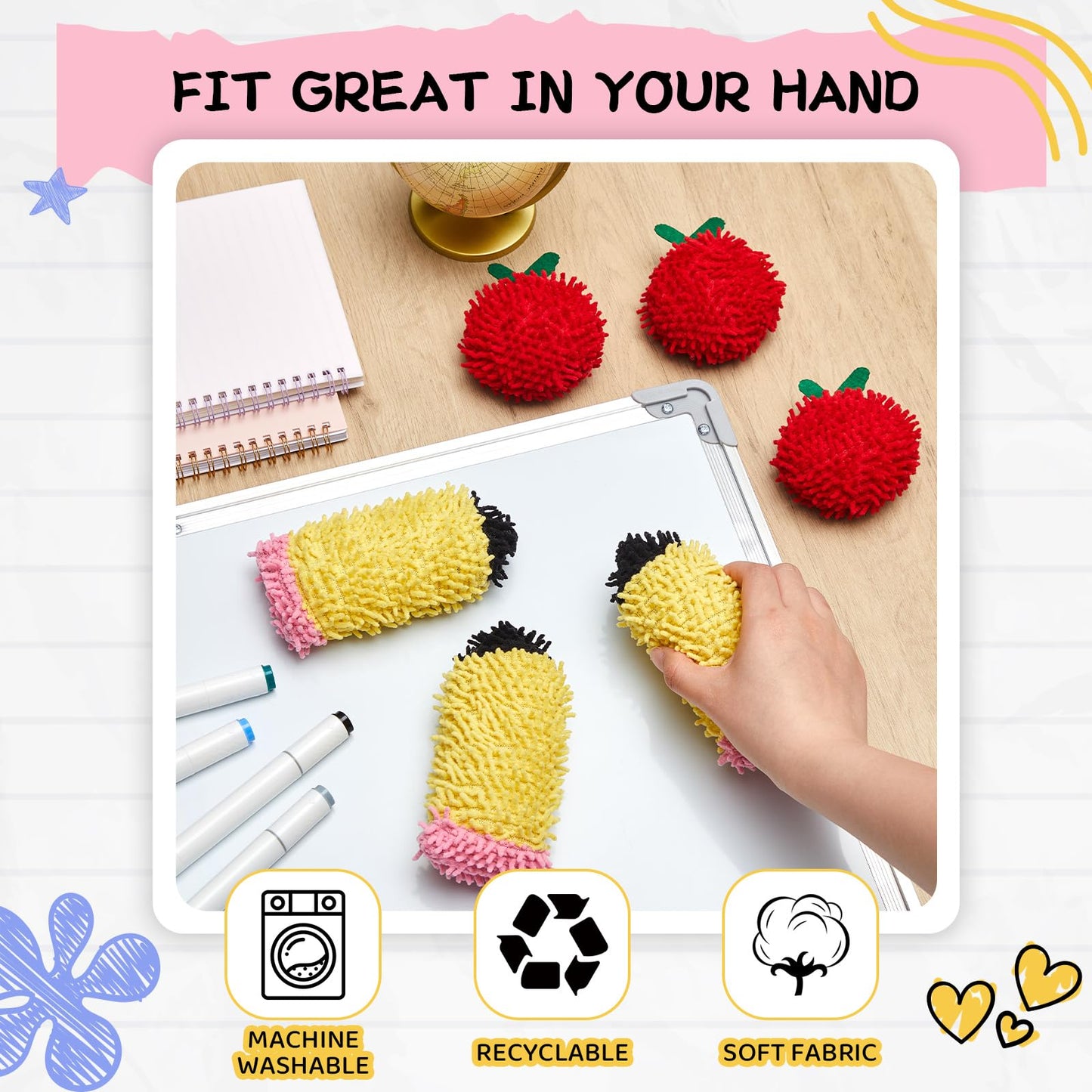 Wonderjune 6 Pcs Mini Dry Erase Eraser for Kids Lap Boards, Cute Pencil Apple Shaped Microfiber Shag Board Erasers Bulk, Funny Teacher Classroom Rewards Student Desk Decor, School Supplies Gifts