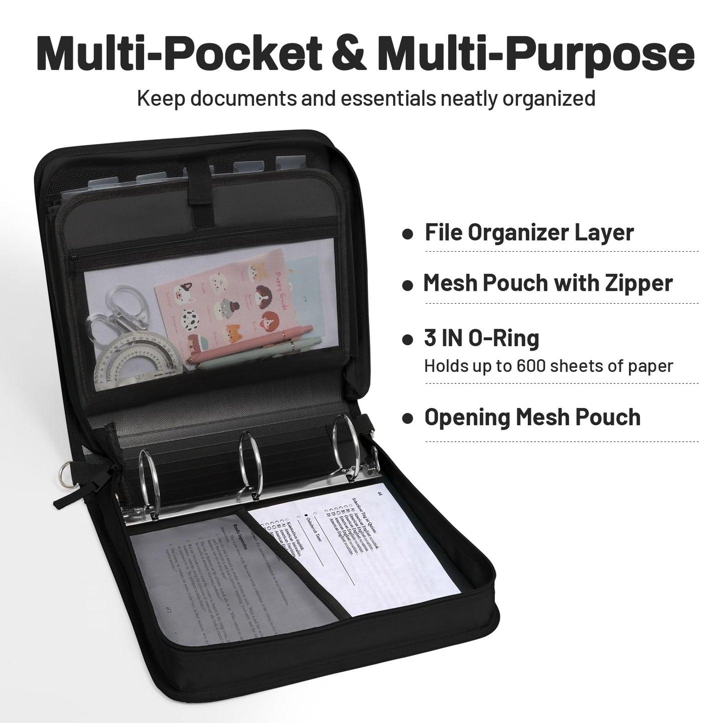 SUNEE Zipper Binder 3 Ring, 3 Inch O-Ring with Handle and Shoulder Strap, 600-Sheet Capacity, 5-Tab Expanding File Folder, Multi-Pockets for Middle School Organizer Binder with Zipper, Black