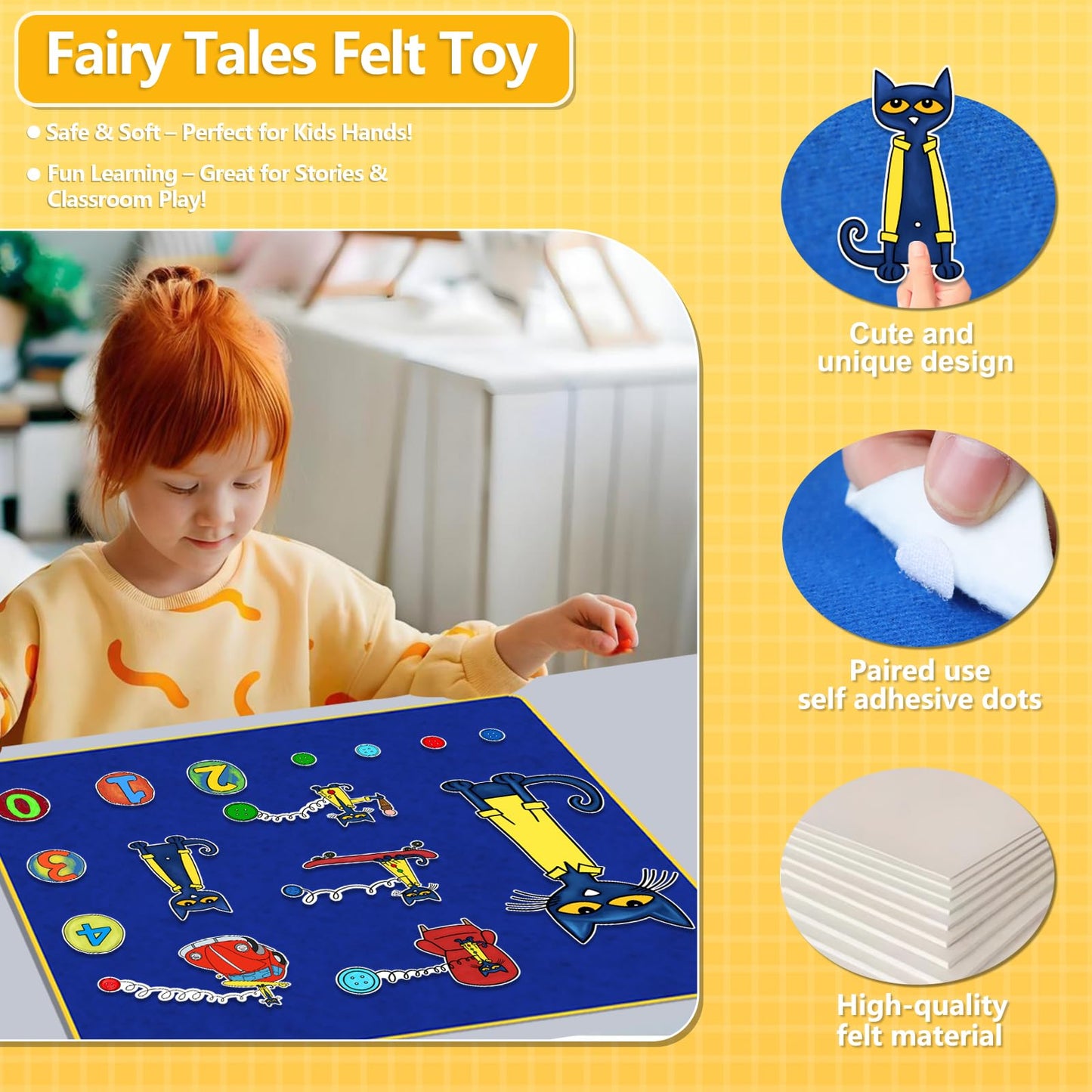 Thryvomniq Cat and His Four Groovy Buttons Fairy Tales Story Time Felts for Felt Flannel Board Set Storytelling Learning Activies for Kindergarten