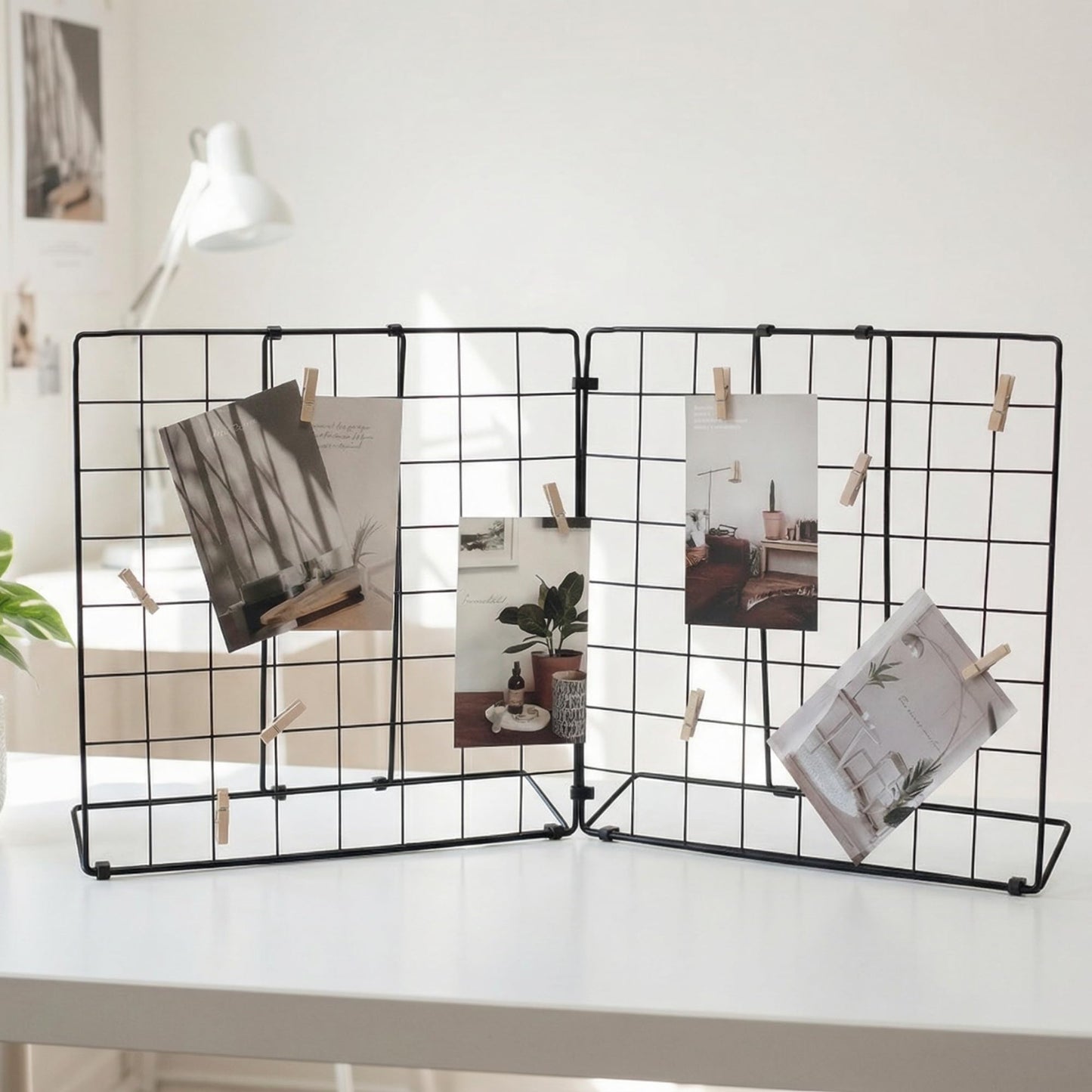 JAJAGOU Foldable Desktop Photo Display Rack & Grid Display Board with 20 Wooden Clips – Photo, Accessory & Handcraft Display Organizer for Home Office Black