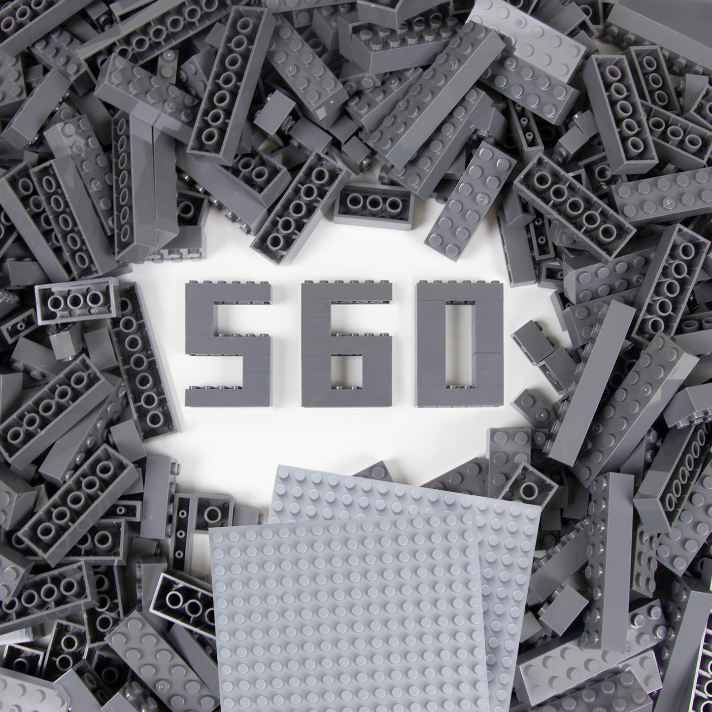 Cabeeskii 560 Pieces Dark Grey Classic Building Blocks Bulk with 2 Base Plates, Building Bricks in 7 Size, Compatible with All Major Bricks, for Kids & MOC Lovers