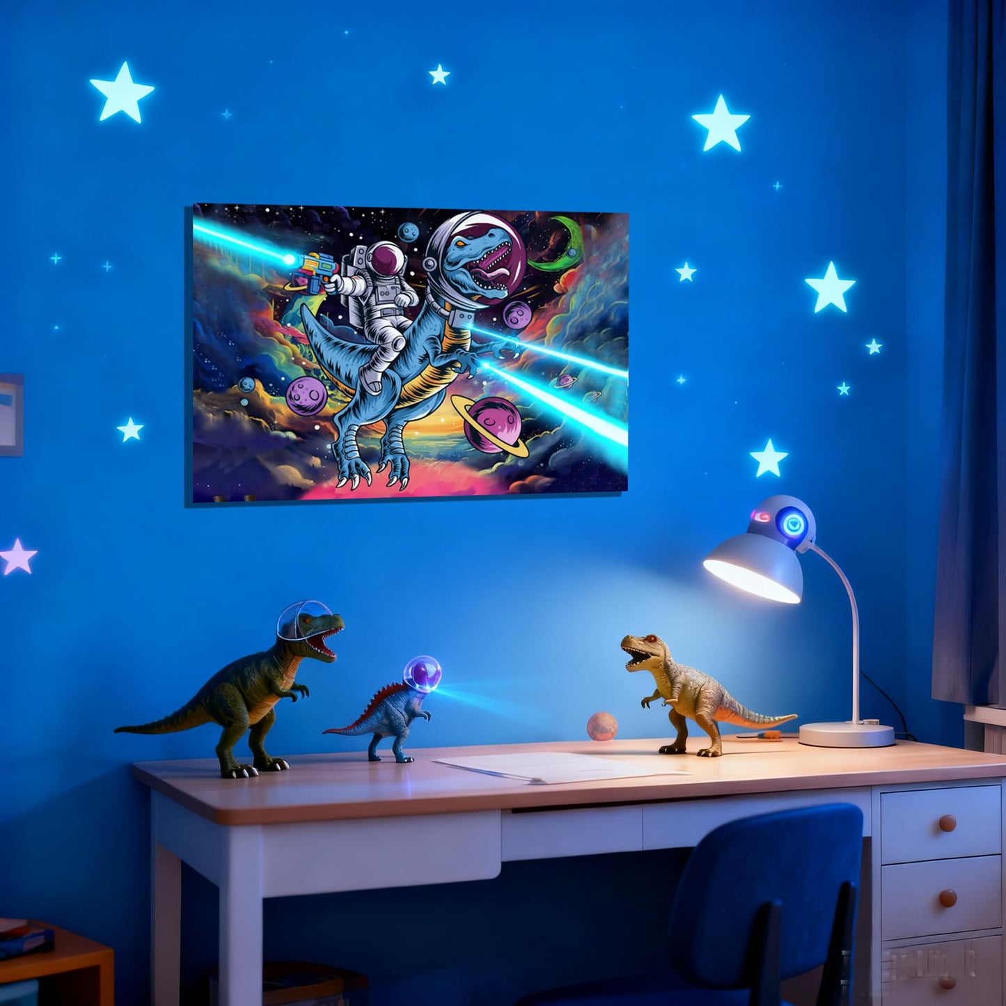 16x24 Space Astronaut Dinosour Star Wars Canvas Wall Art Watercolor Framed Prints Teen Boy T-Rax in Galaxy Cosmic Home Decor Painting Kids Bedroom Picture Child Room Funny Poster Kids Bathroom Photo