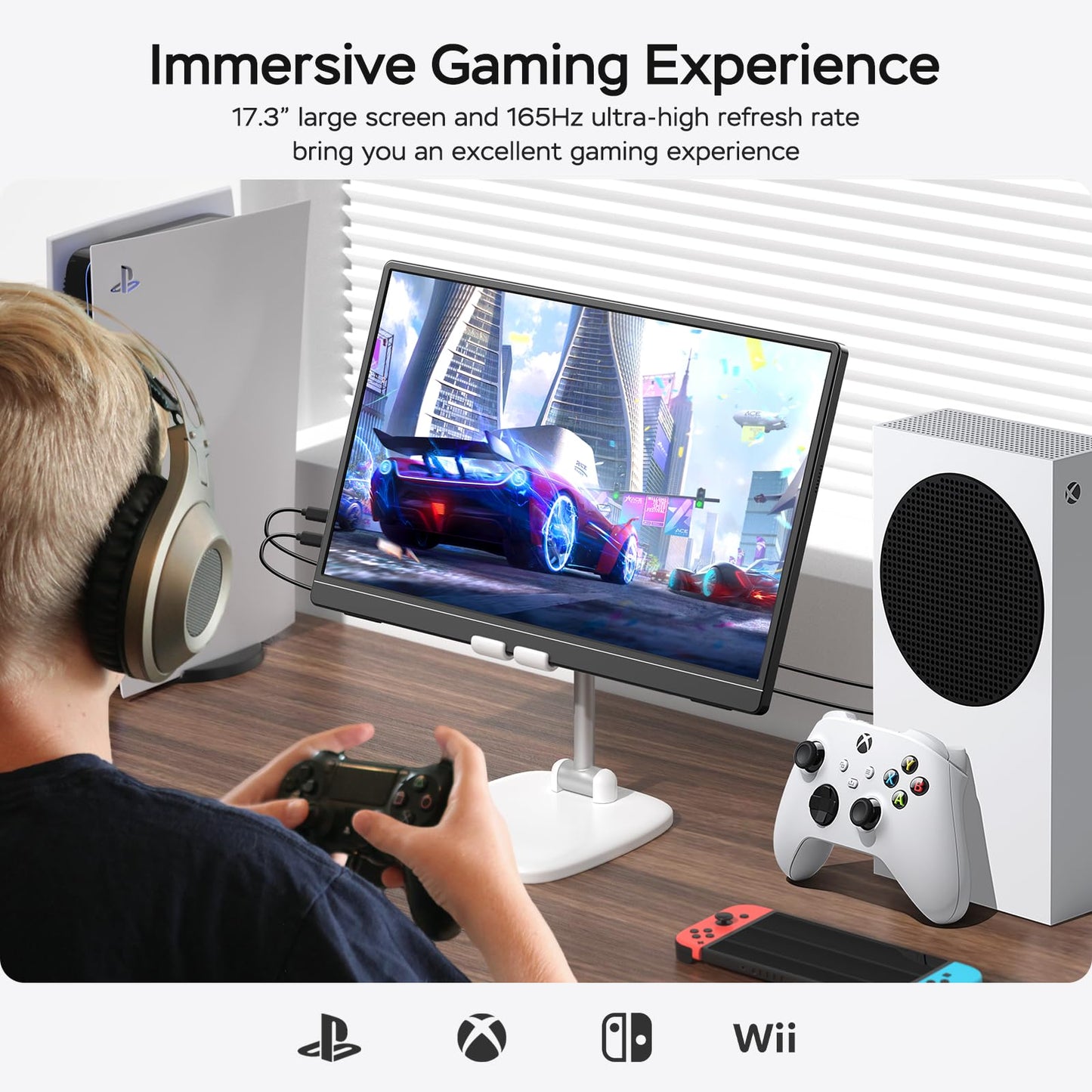 MNN 17.3" 2.5K Portable Monitor 165Hz 2560x1440 QHD, 100% sRGB IPS Gaming Monitor, USB-C & HDMI External Display with Kickstand, Slim Semi-Metal Travel Monitor for Laptop, Phone, PS5, Xbox